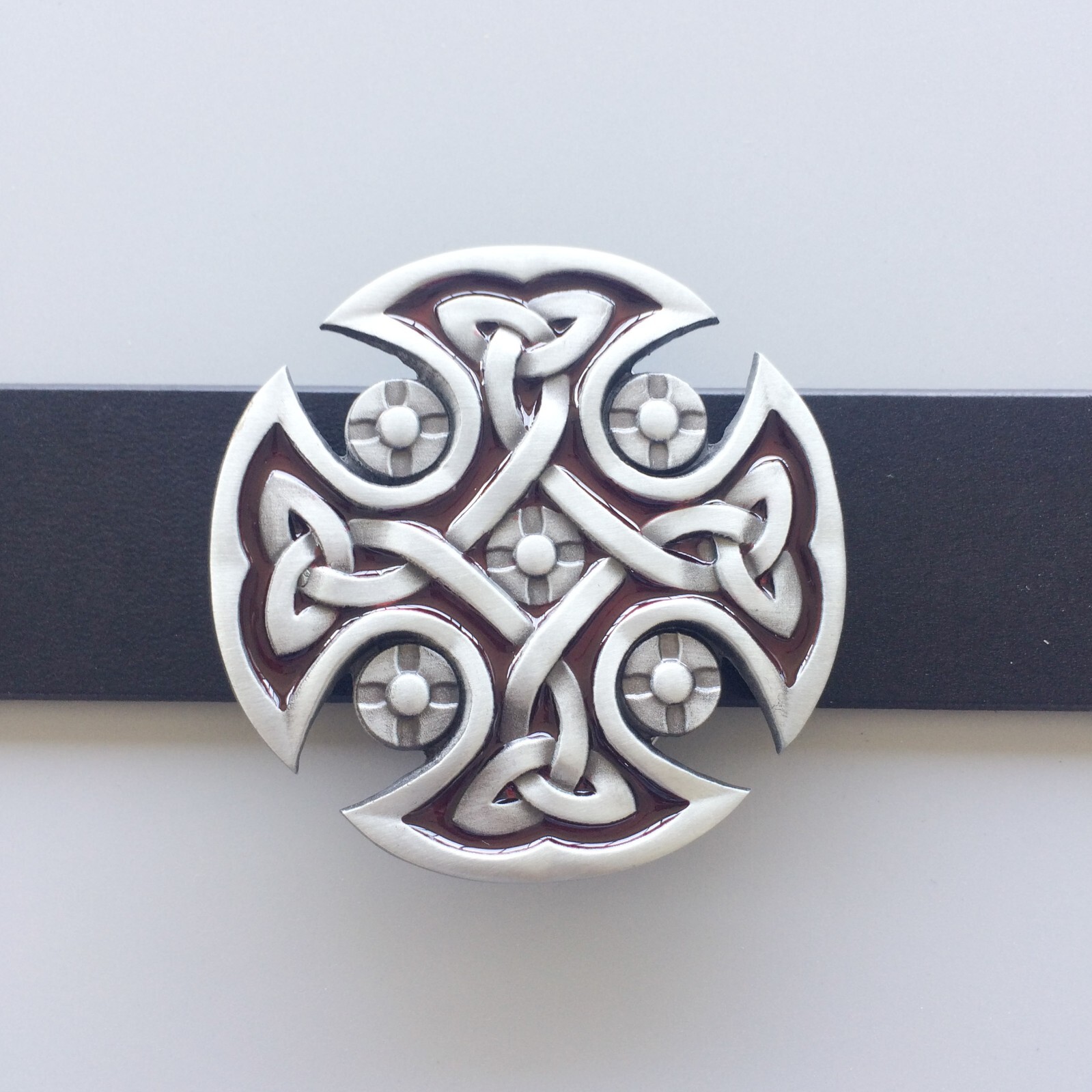 Antique Silver Red Enamel Celtic Knot Cross Vintage Belt Buckle