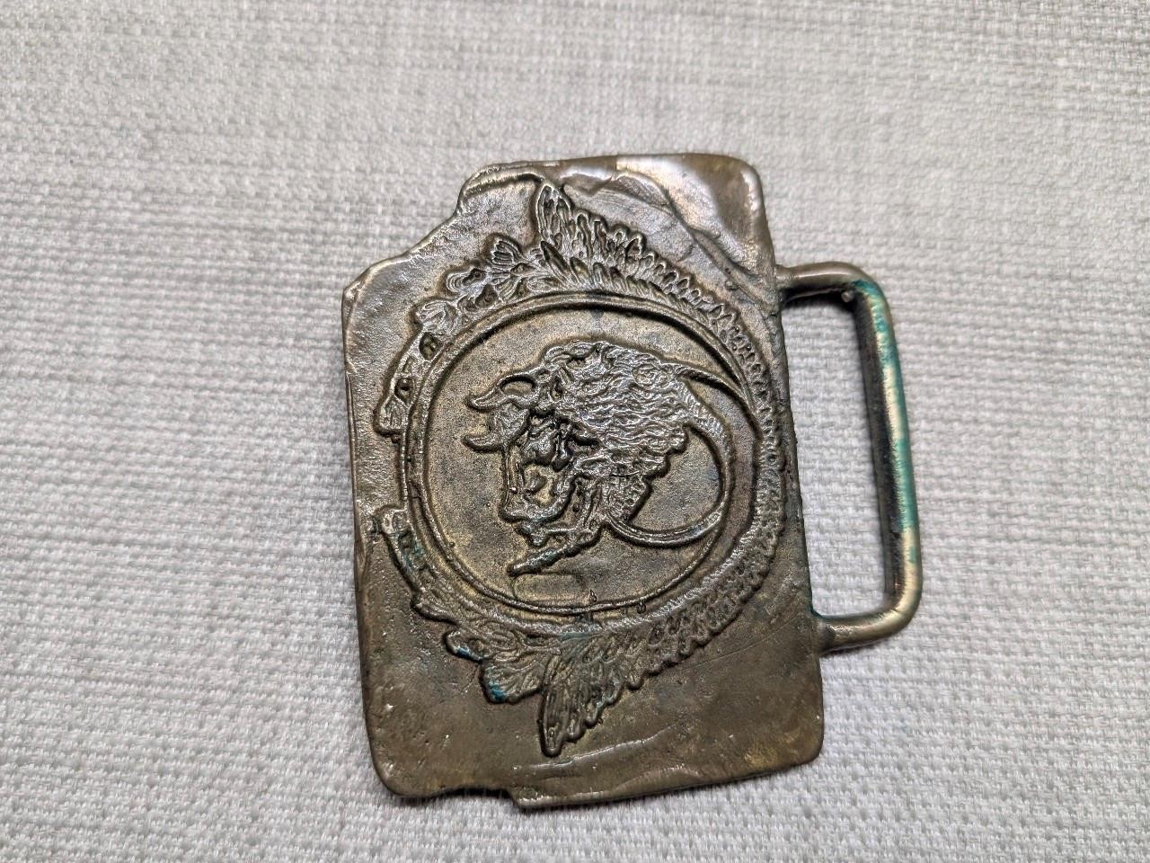 vintage BRASS belt buckle BRONZE handcrafted BRUTALIST fantasy buffalo 1970s