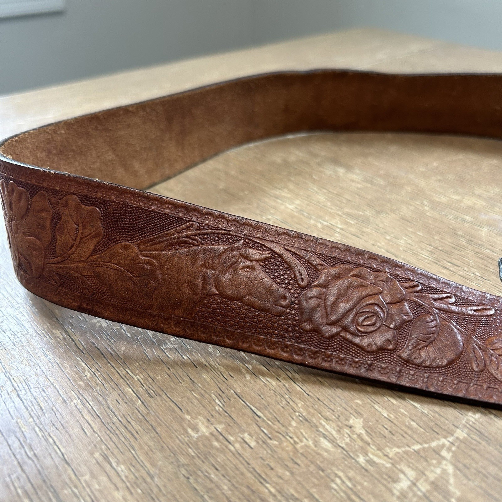 Brass Moose Belt Buckle w/Hand Tooled Brown Leather Western Wear Belt Size 40