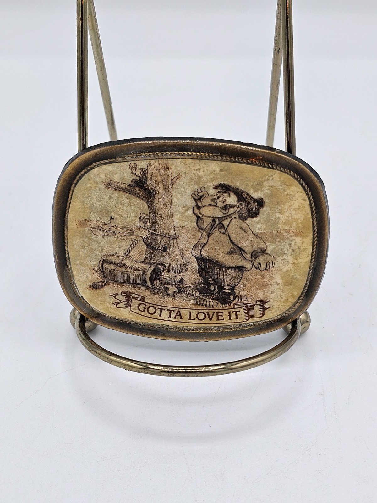 Vintage Golf Cartoon “Gotta Love It” Metal/Scrimshaw 3” Oval Belt Buckle