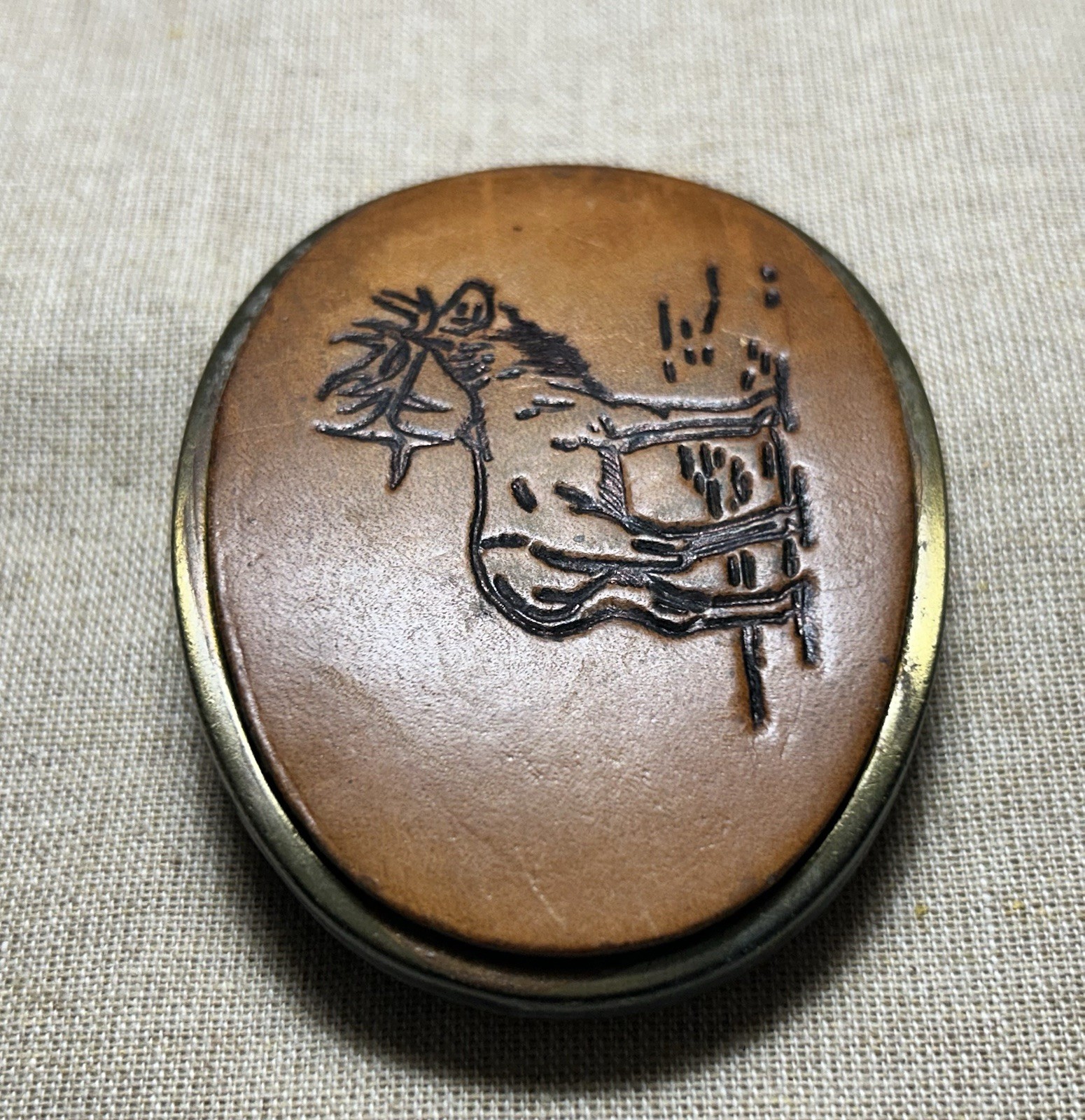 Vintage Elk Leather Belt Buckle Western Wildlife Oval Brown Brass USA