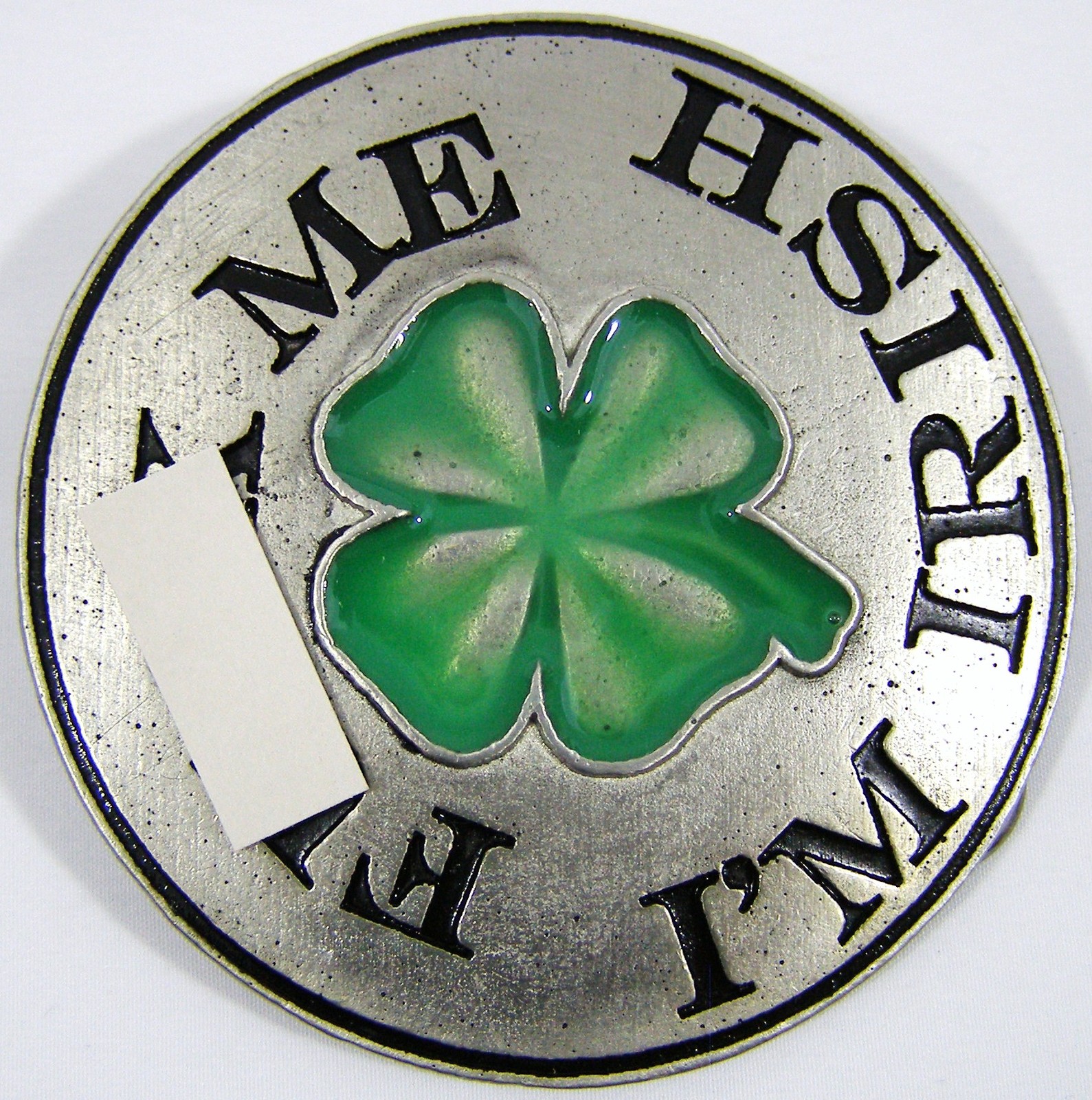 BELT BUCKLES USA Four Leaf Clover « F**K Me I&rsquo;m Irish » Silver Green Circle NWOT!