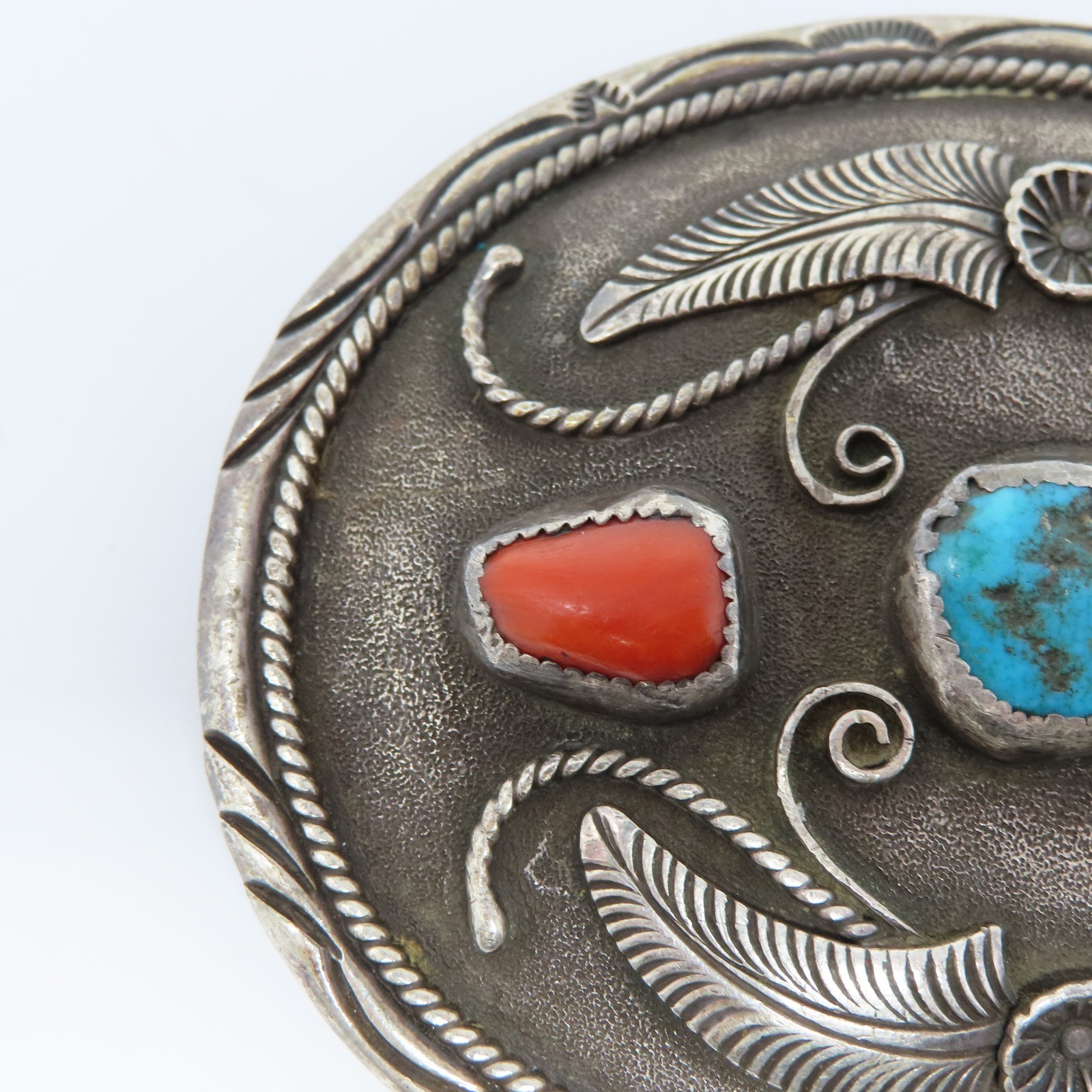 Al Joe Navajo Sterling Silver Turquoise Coral Belt Buckle Signed Artisan 76g