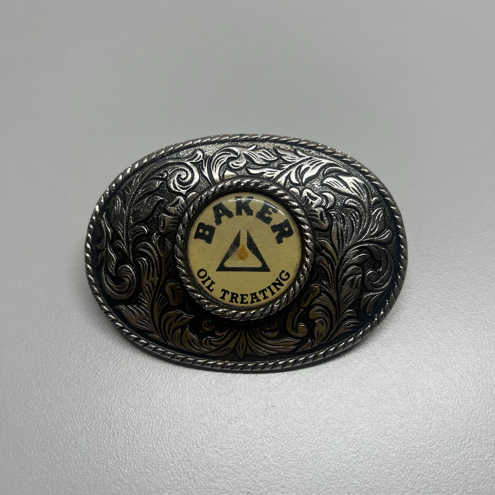 Baker Oil Treating Belt Buckle Vintage Western Floral Oval Silver Tone