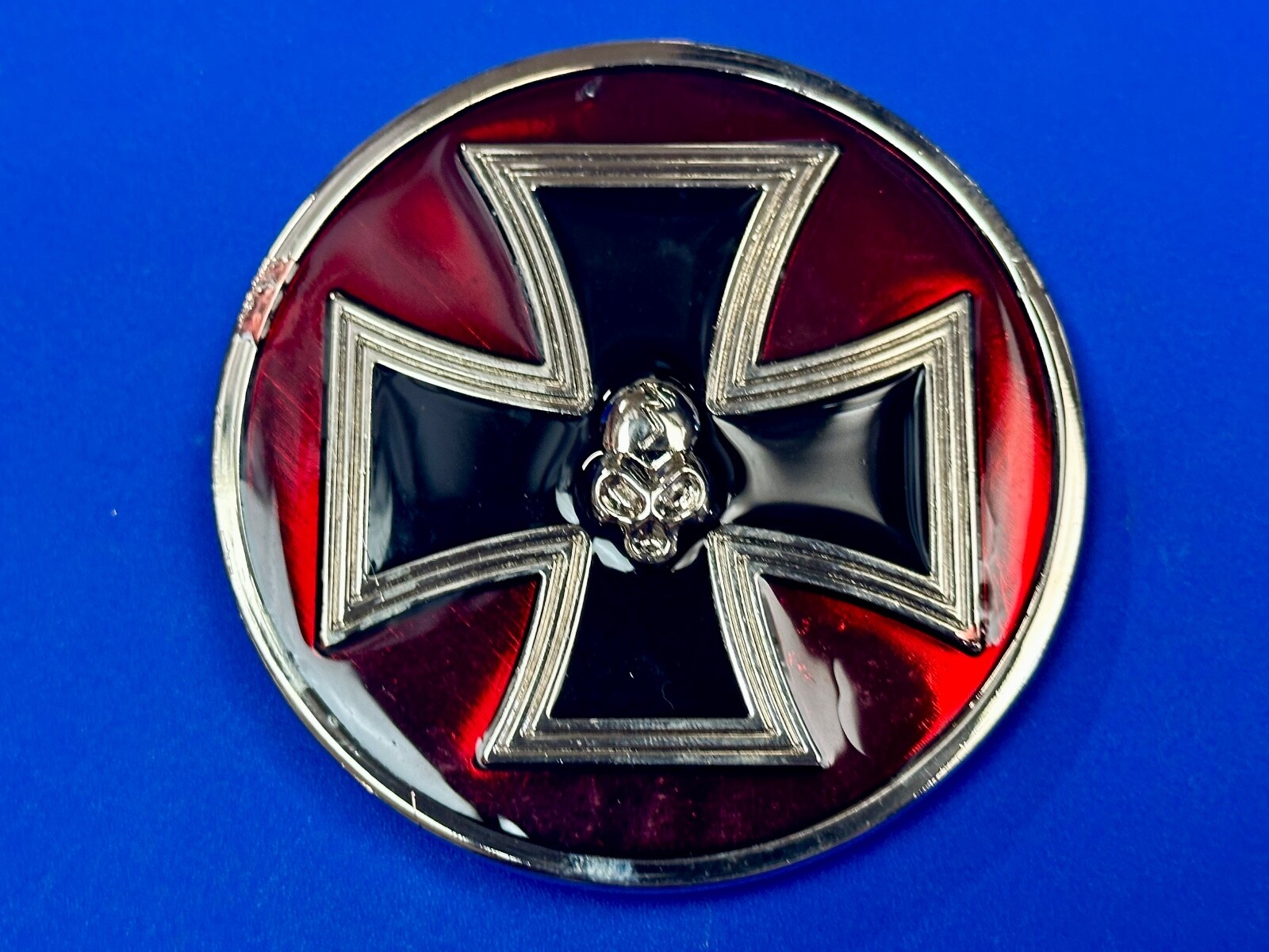 Enamel Round Iron Maltese Cross With Centered Silver Color Skull Belt Buckle
