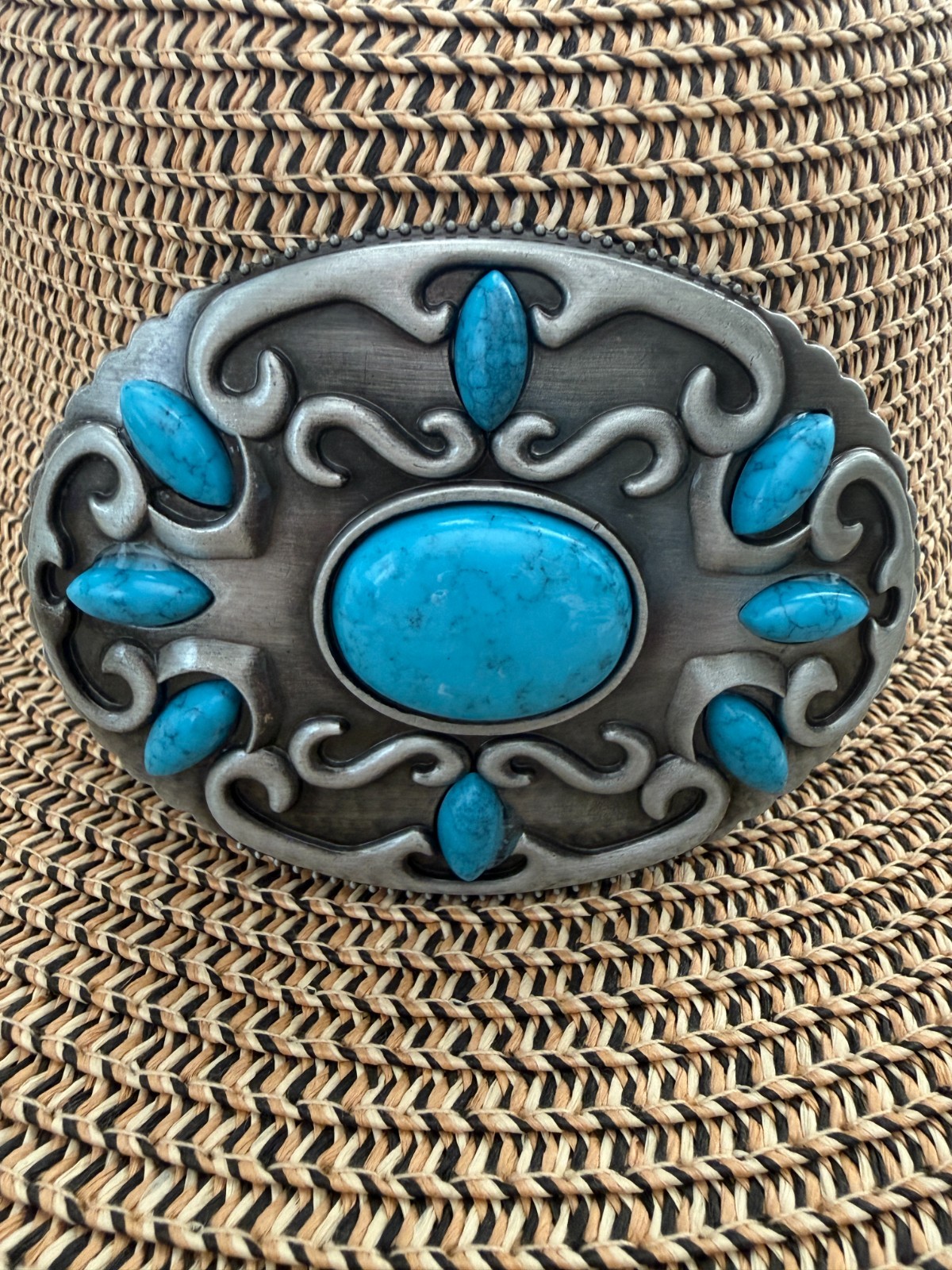 Antiqued Silver Oval Western Cowboy Turquoise Belt Buckle