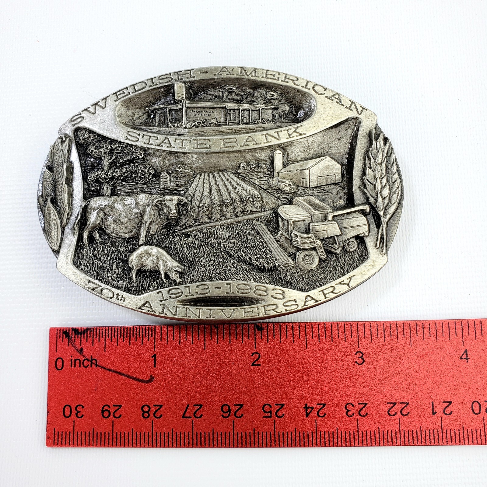 Siskiyou Farming Belt Buckle Swedish American State Bank 70th Anniversary