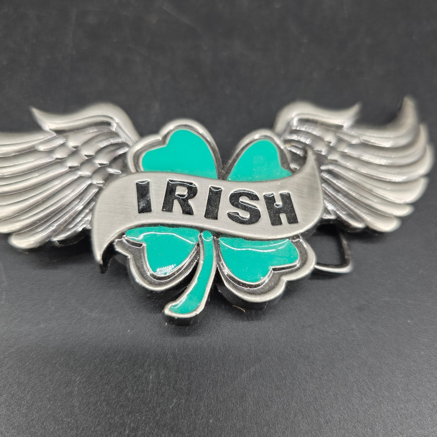 Irish Shamrock Wings Belt Buckle Silver Green Enamel 3.75&Prime; Wide Celtic
