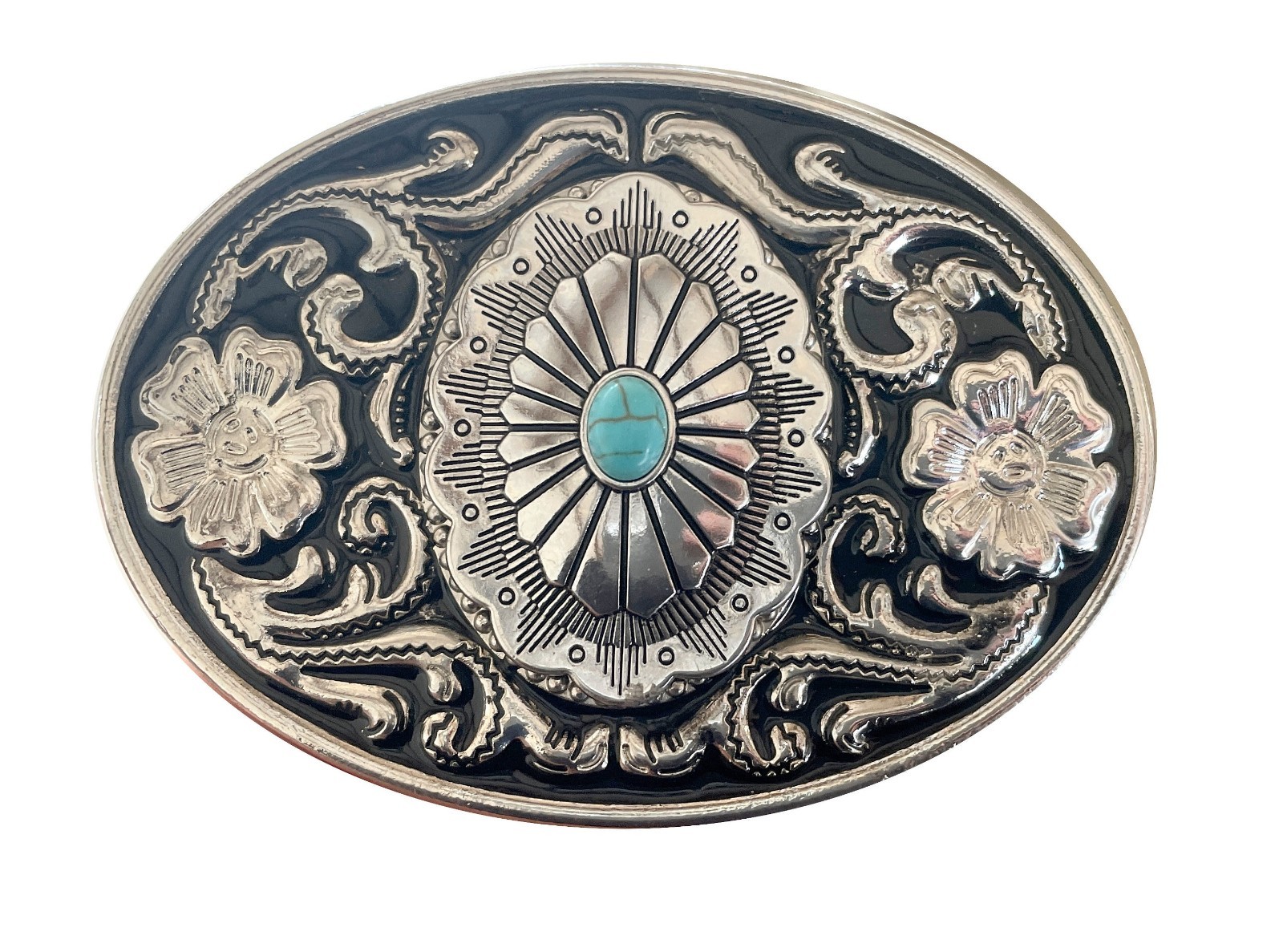Turquoise Western Belt Buckle Engraved Silver Oval Cabochon Cowboy Rodeo Style