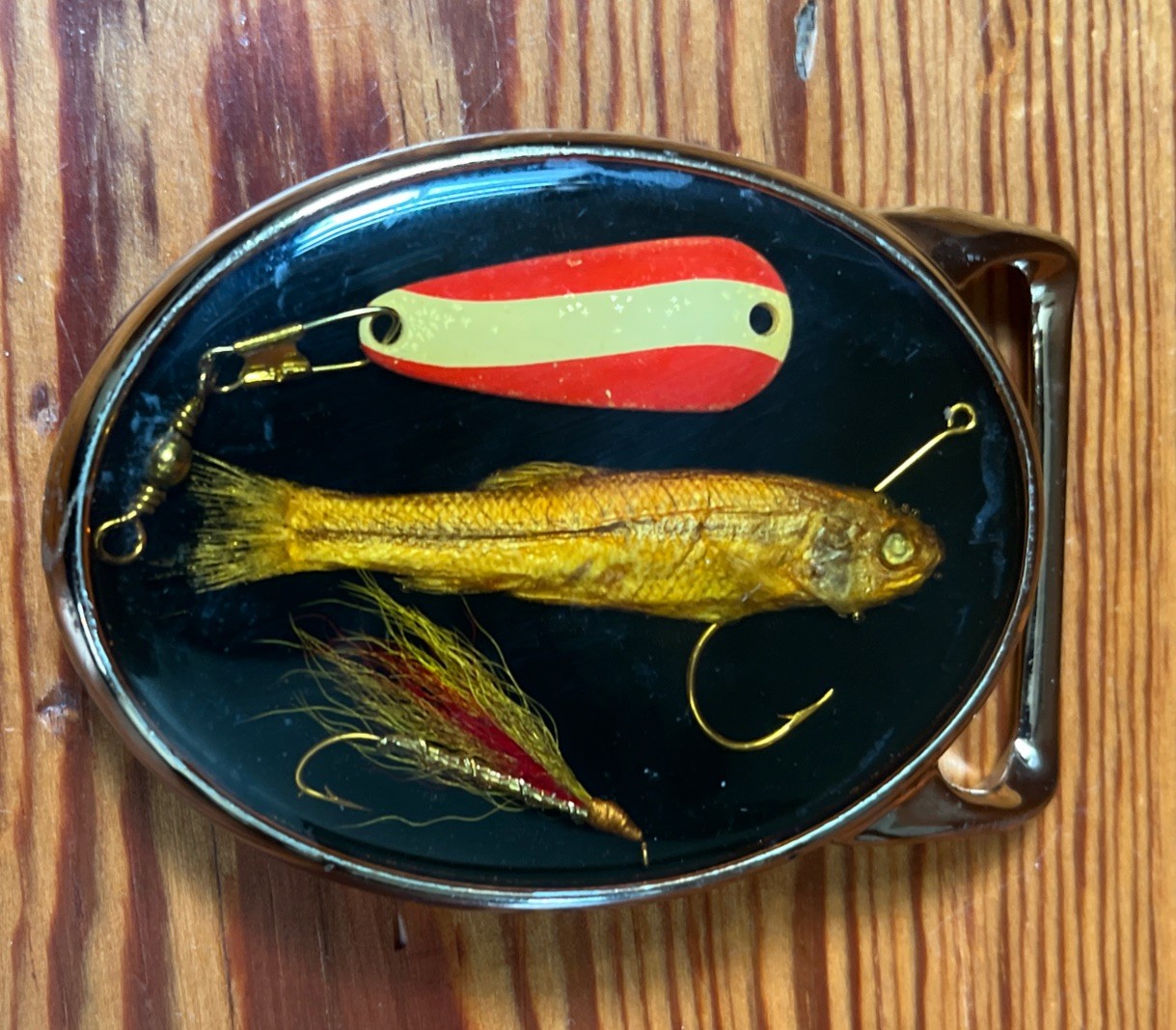 Von West USA Vintage Gold Fishing Lure Belt Buckle Mens Fly Fisherman