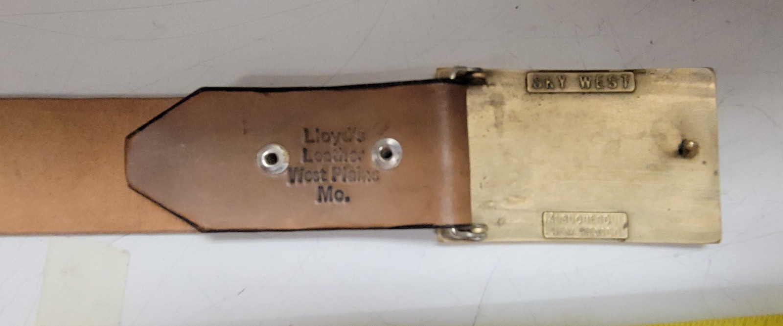 Sky West Brass Wood Inlay Buckle n Stamped Leather Belt