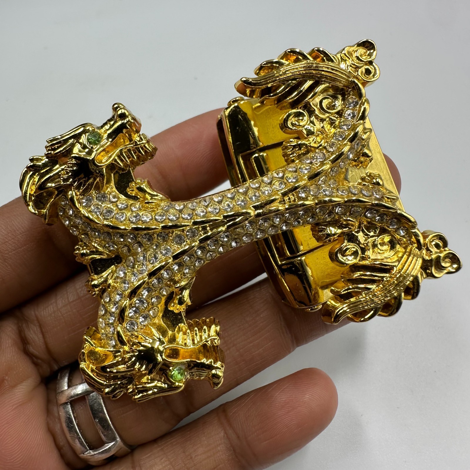 Double Dragon Rhinestone Ratchet Belt Buckle Gold Tone Automatic Slide