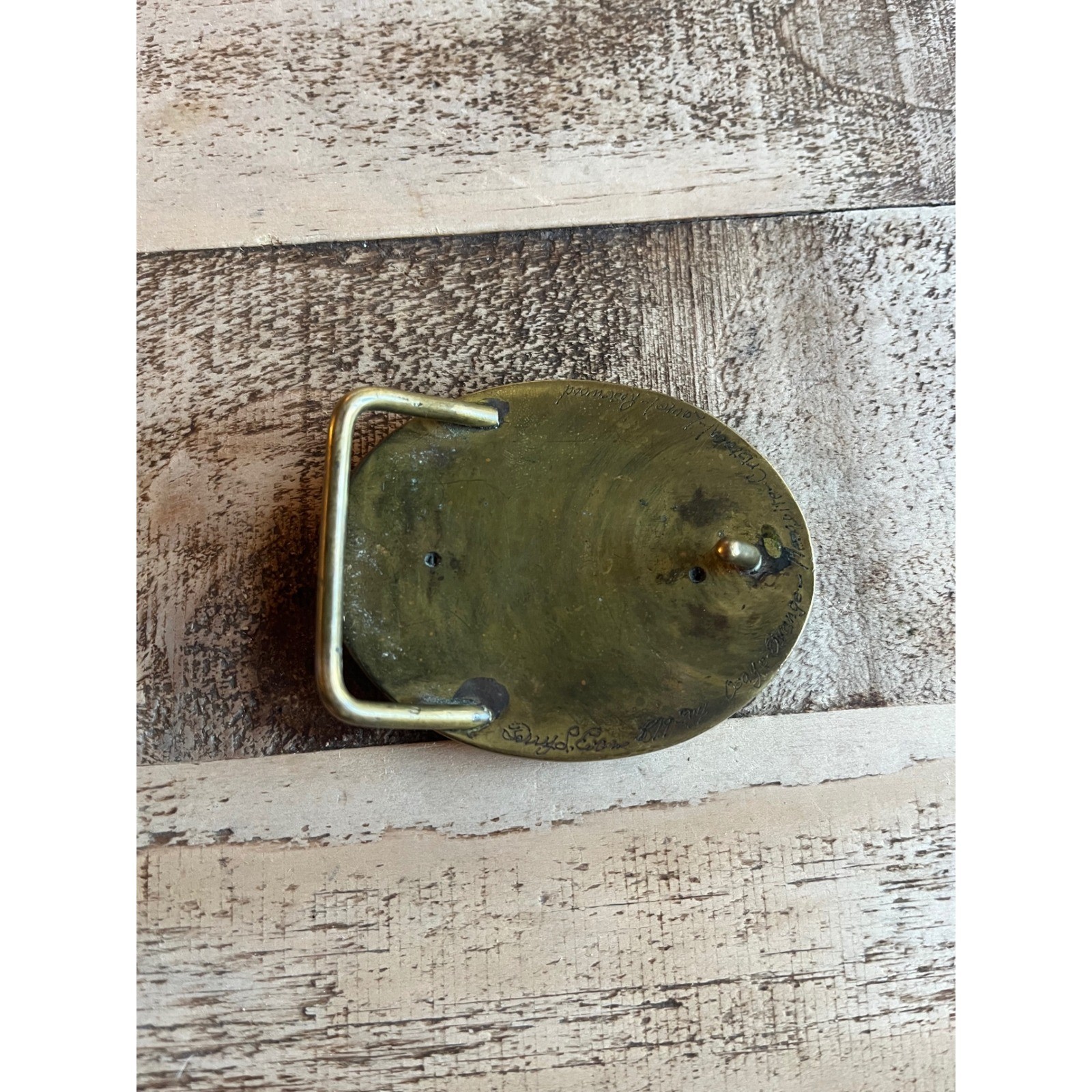Vintage Wooden Inlay Belt Buckle Brass Trim Oval Shaped Signed Jerry Evans