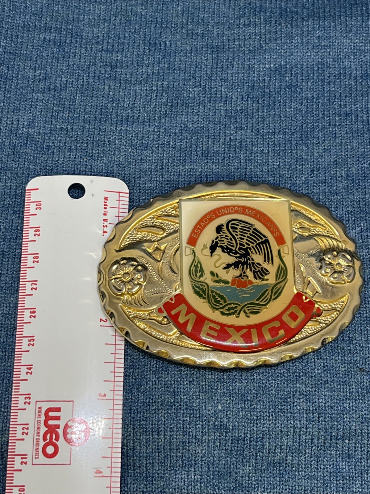 Vtg Mexico Belt Buckle Western Mexican Coat of Arms Eagle Snake Enamel Gold Tone