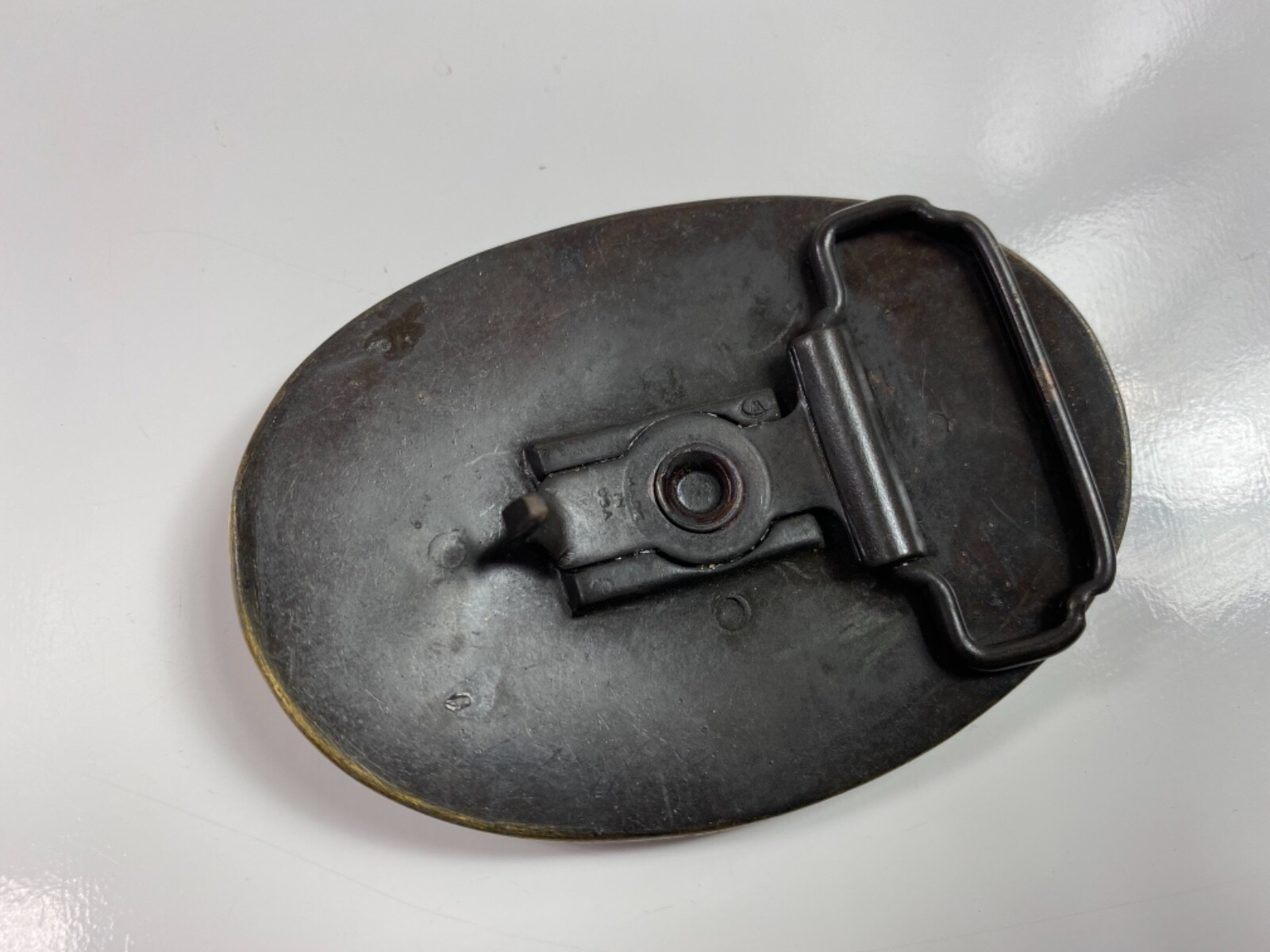 VINTAGE ANTIQUE brass and leather BUCKLE cutter ship sailboat nautical boat