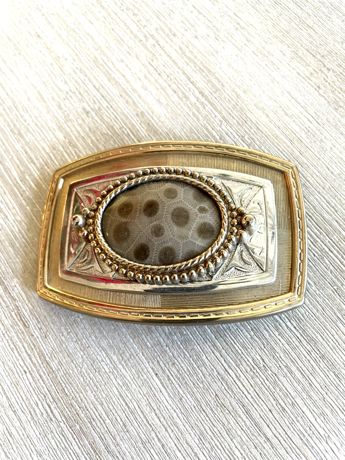 Petosky stone belt buckle for men silver plated with a layer of genuine 24-karat