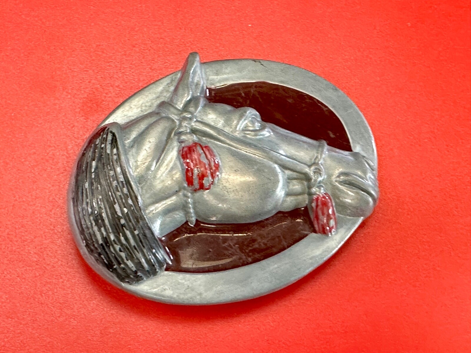 Raised Horse Head Vintage Cowgirls Red Enamel Accents Belt Buckle
