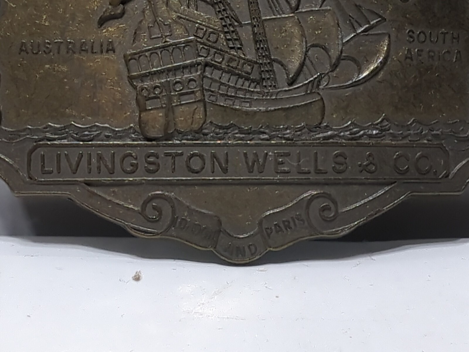 ✨VINTAGE✨Livingston Wells & Co. Foreign & Domestic Gold Dealers BELT BUCKLE Ship