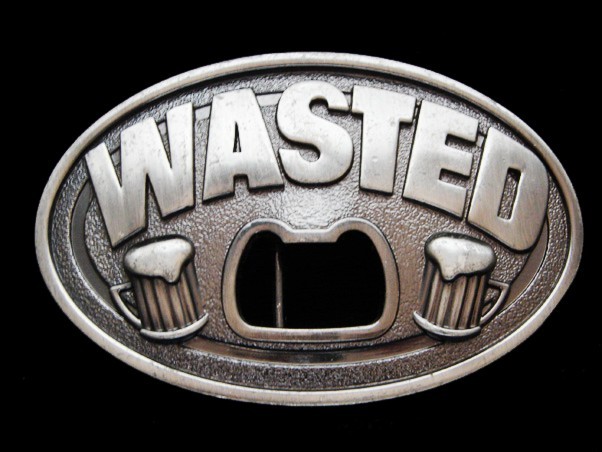 NF21119 REALLY FUNNY **WASTED** (BOTTLE OPENER) BEER & BOOZE SILVERTONE BUCKLE