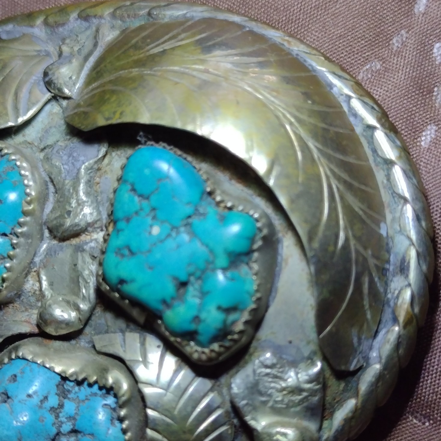 Vintage Native Made Men&rsquo;s Western Oval Silver Belt Buckle w/ Torquoise Stones