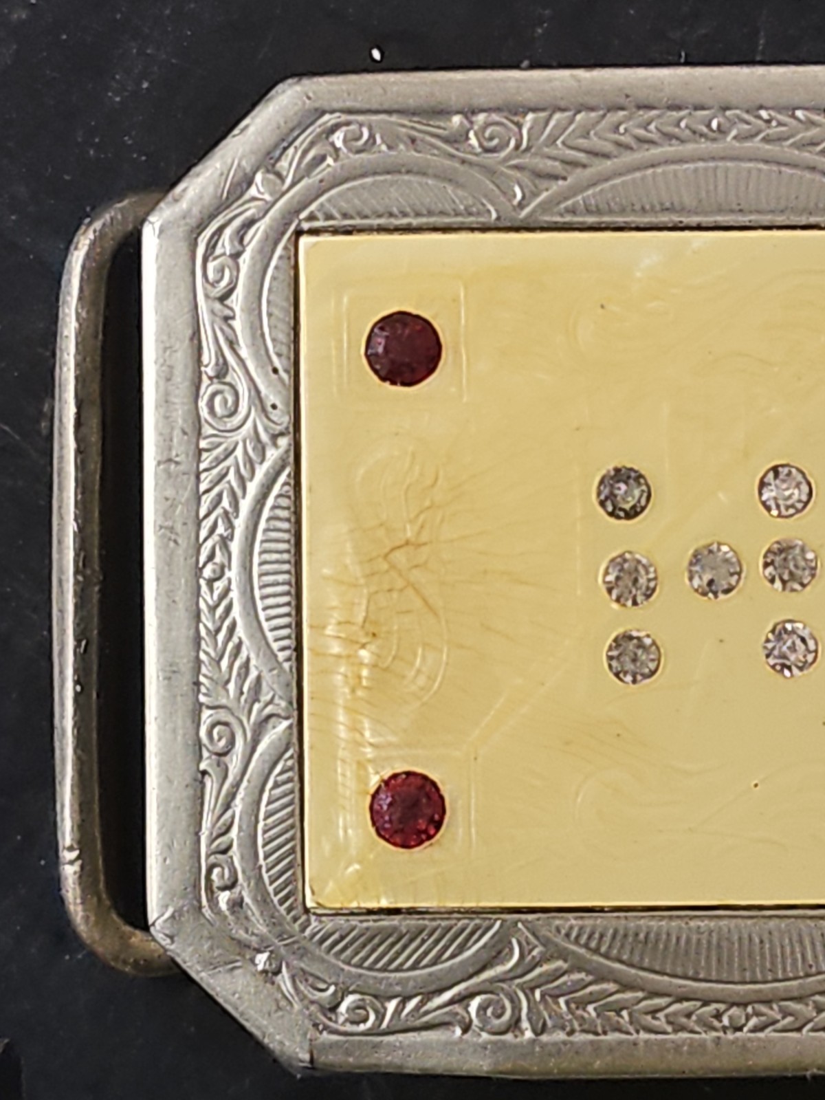 Vintage Victorian Silver Plate Belt Buckle – Celluloid Inlay with Crystal & Red