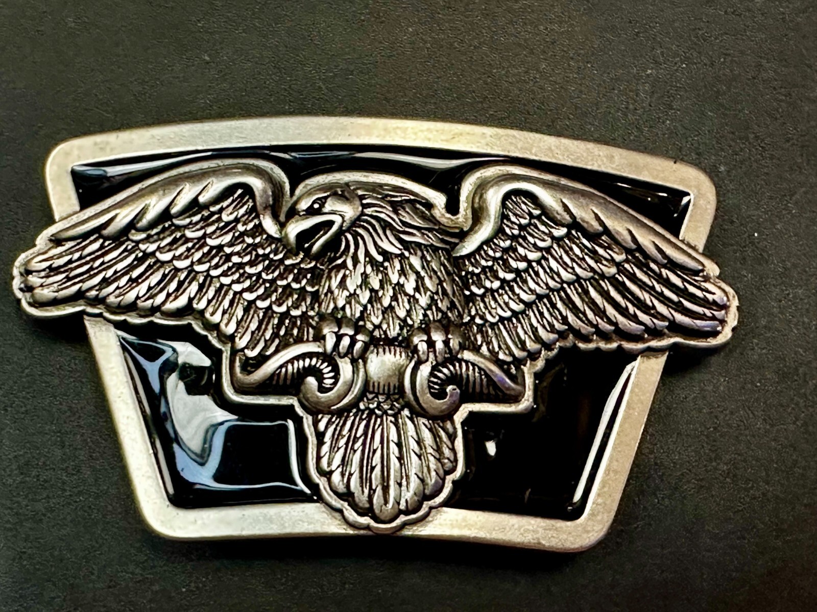 American Flying Bald Eagle Spreading Wings Silver Tone Black Enamel Belt Buckle