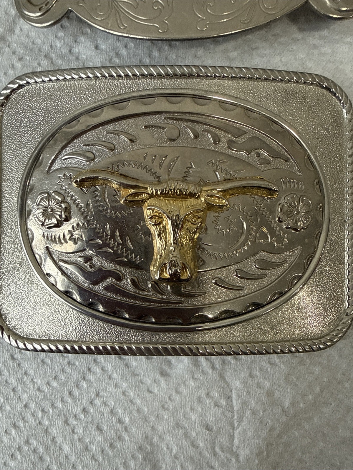2 Lot Silver Tone Horse, Long Horn, Southwestern Mixed Metal Belt Buckles