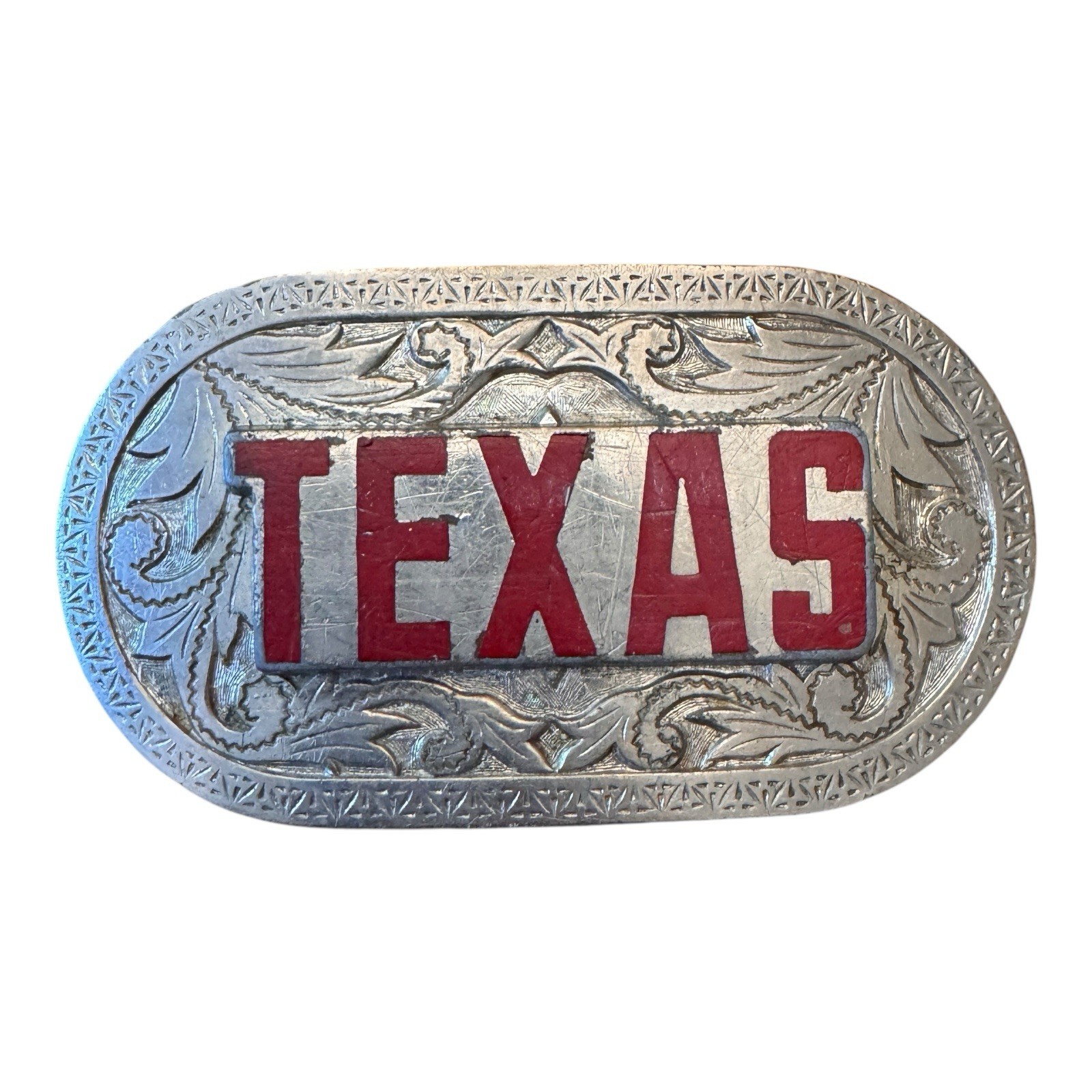 Vintage Texas State Western Cowboy Rodeo Belt Buckle Red Letter Silver Tone