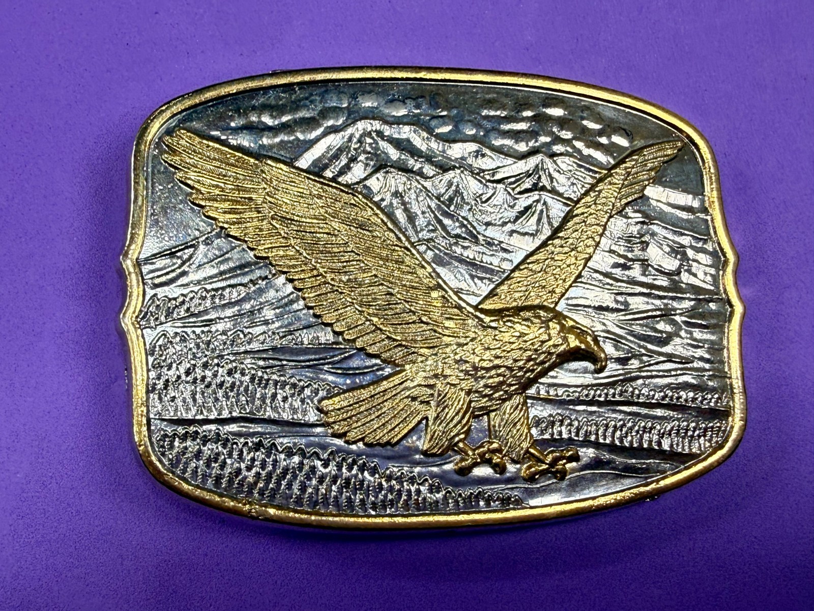 Flying Eagle Spreading Wings over the Mountain Scene Vintage Belt Buckle