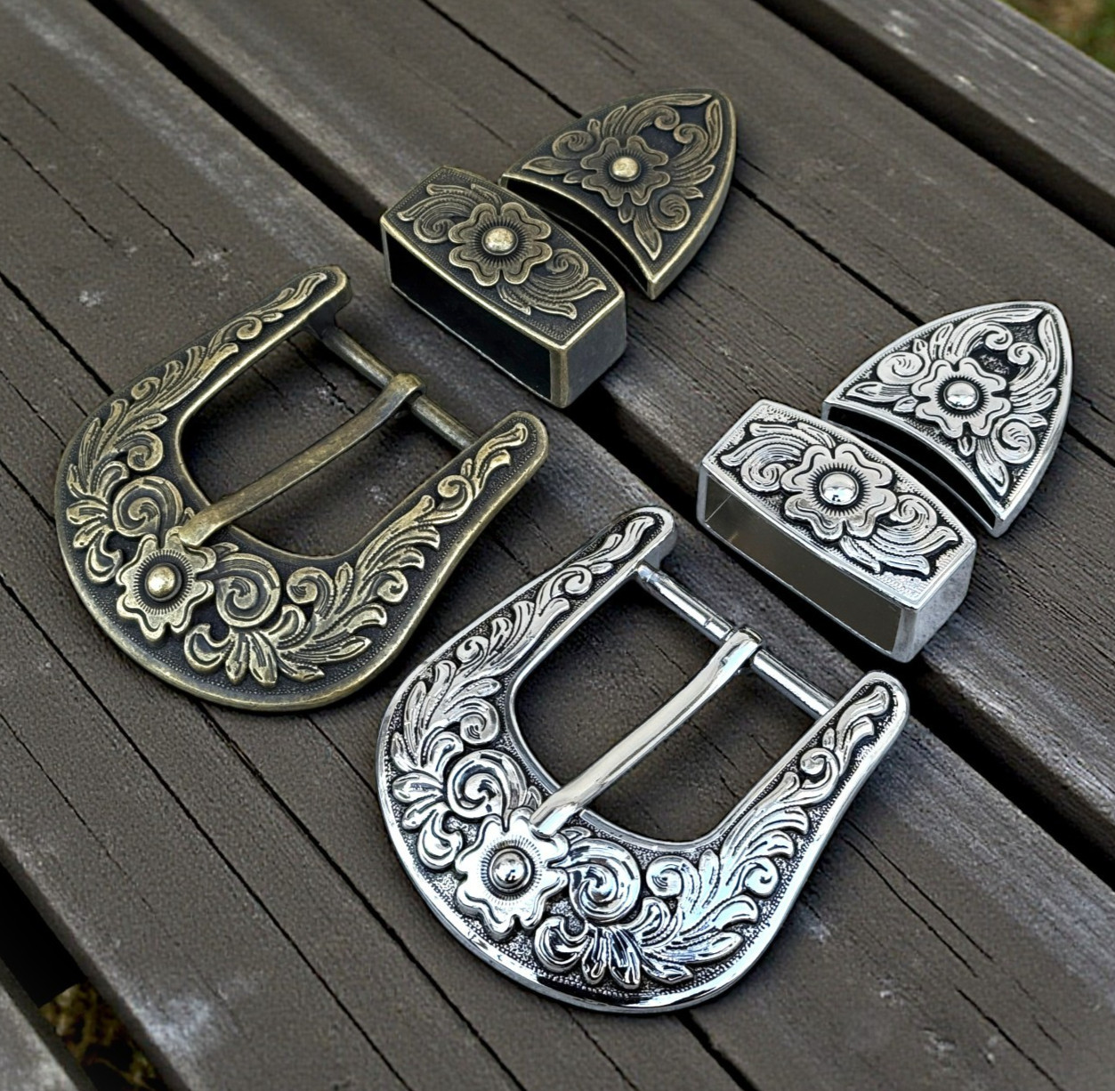Western 3-Piece Belt Buckle Set Floral Engraved Silver Bronze Cowboy Rodeo Style