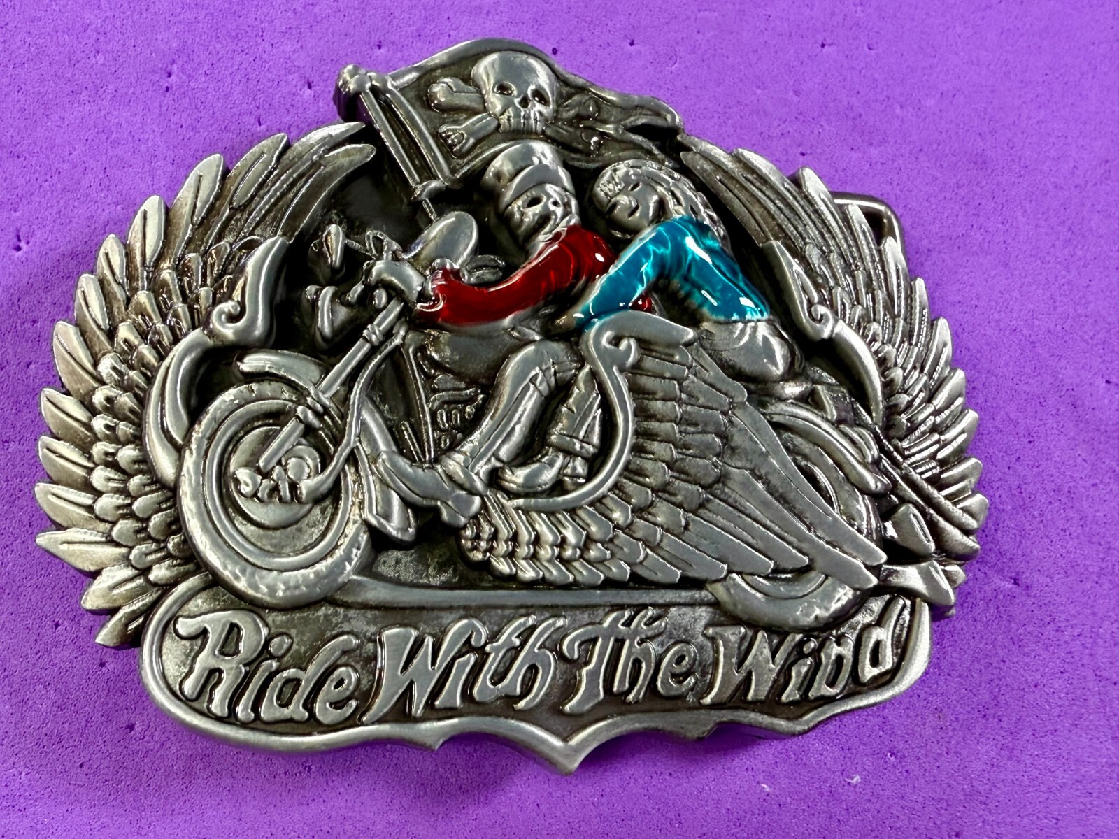 Ride With The Wind Wings Skull Flag Motorcycle Bikers Riders Cutout Belt Buckle
