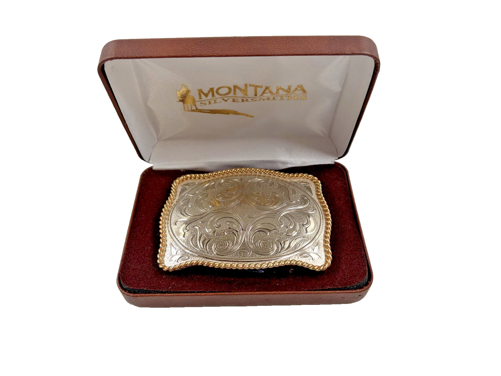 Montana Silversmiths Two-Tone Engraved Belt Buckle Gold Tone Twisted Rope Trim