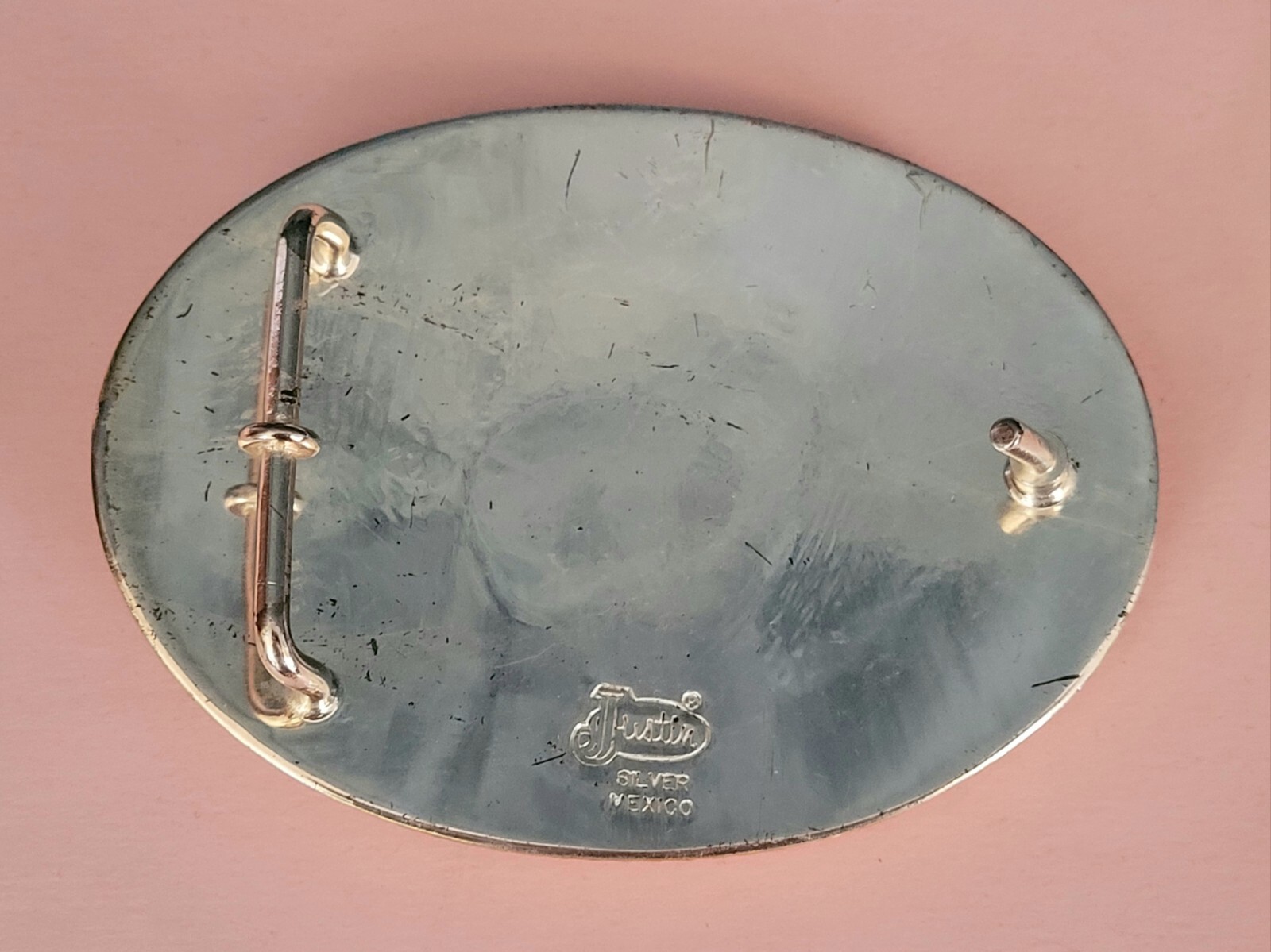 JUSTIN Silver Mexico Engraved Belt Buckle With Gilt Horse Motif