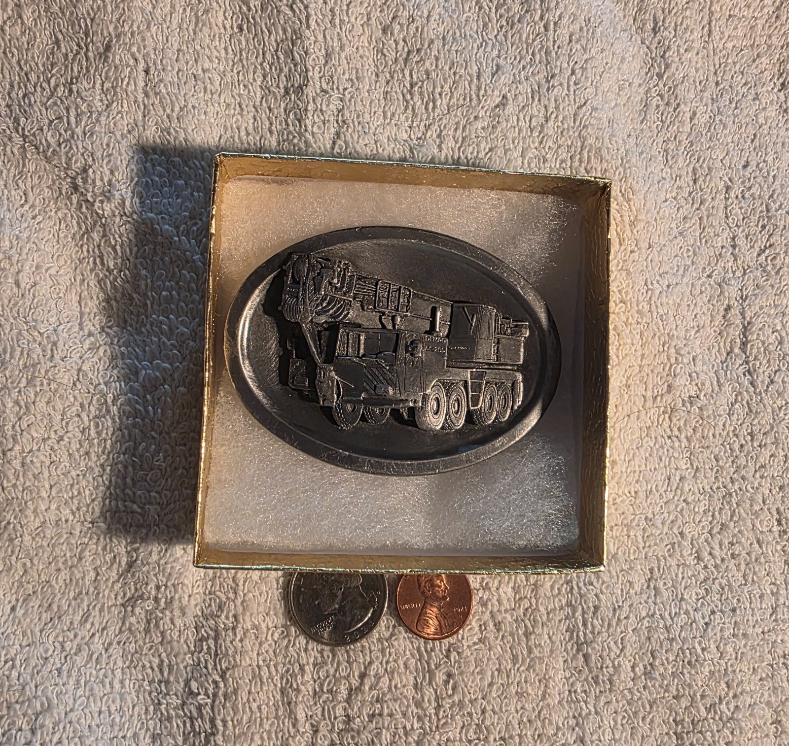 Vintage Metal Belt Buckle, Demag, Crane, Heavy Lifting, Boom Truck, Construction