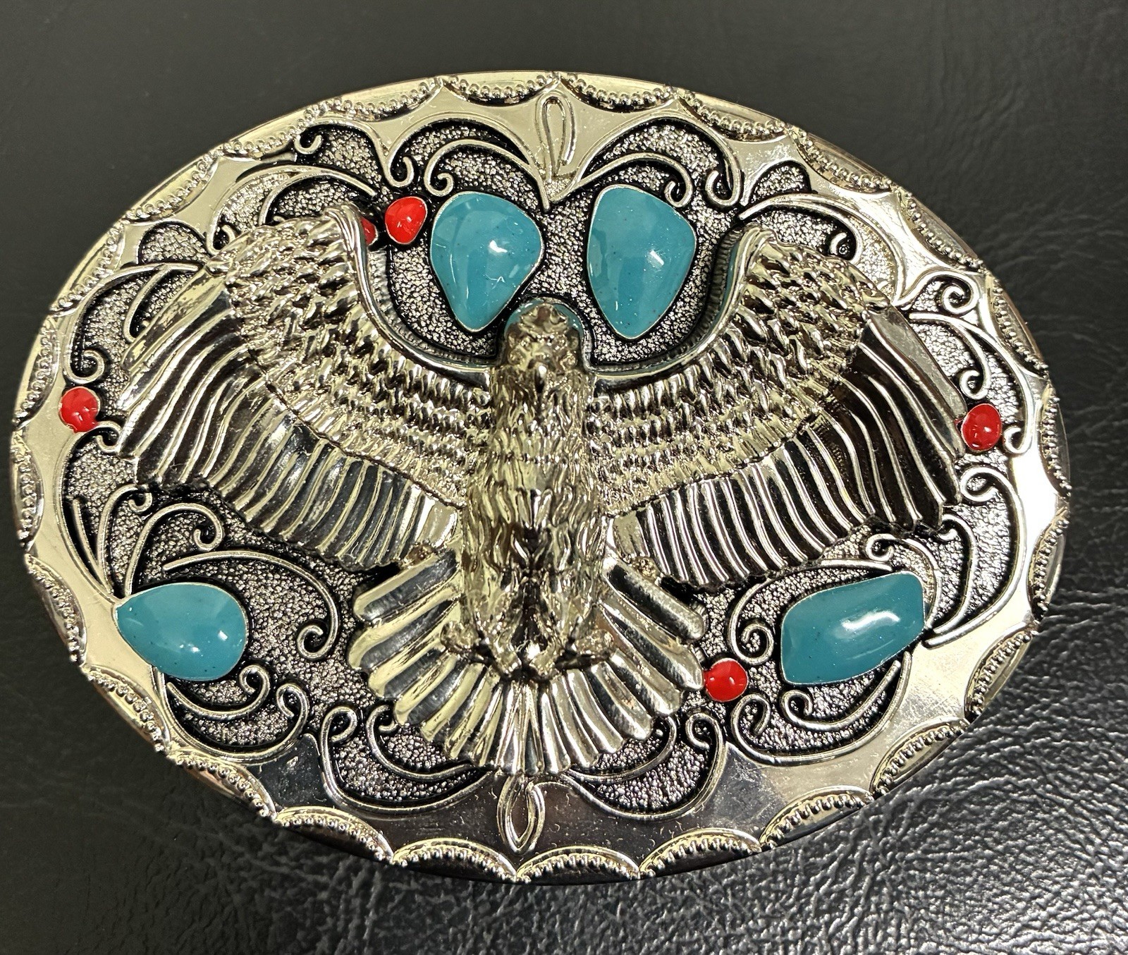 Silver Eagle Western Belt Buckle Turquoise Blue Stones Painted Native American