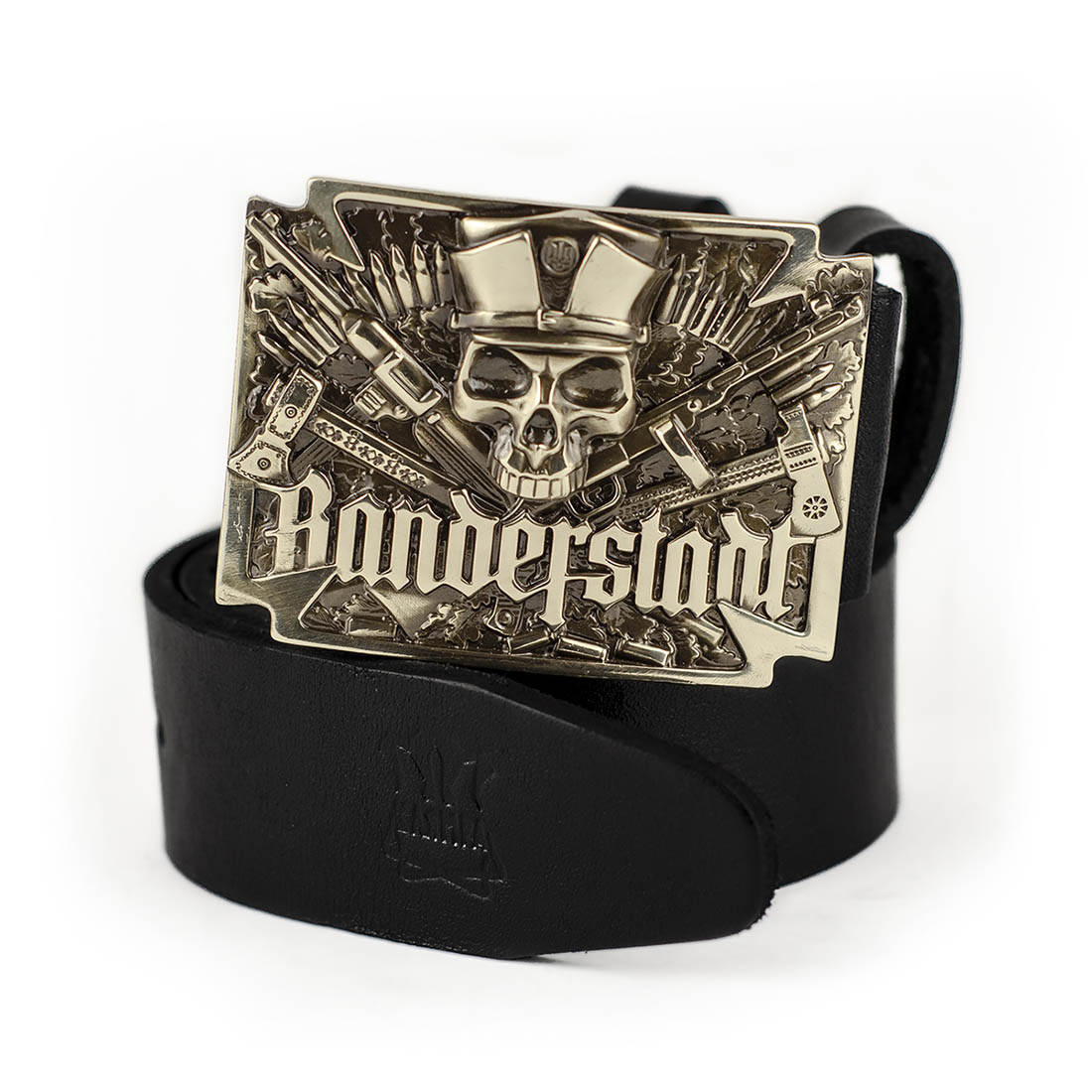 German silver belt buckle Banderstadt, Artistic sculptural fighting skull buckle