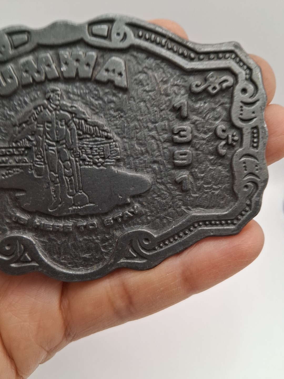 Vtg. Uniq Hit Line USA Local 1931 UMWA Is Here To Stay Belt Buckle.