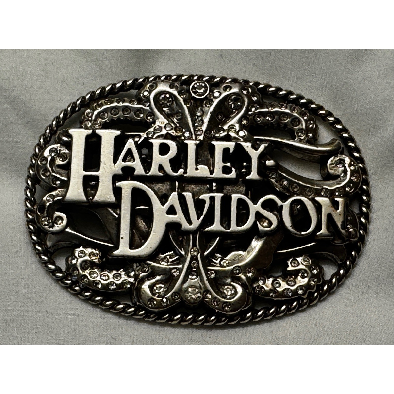 Harley Davidson Belt Buckle Silver Tone Filigree Rhinestone Biker Oval Scroll