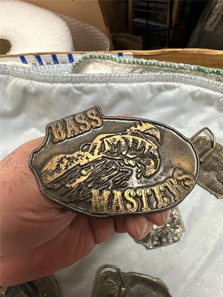 Six Vintage Fishing Belt Buckles Bass, etc.