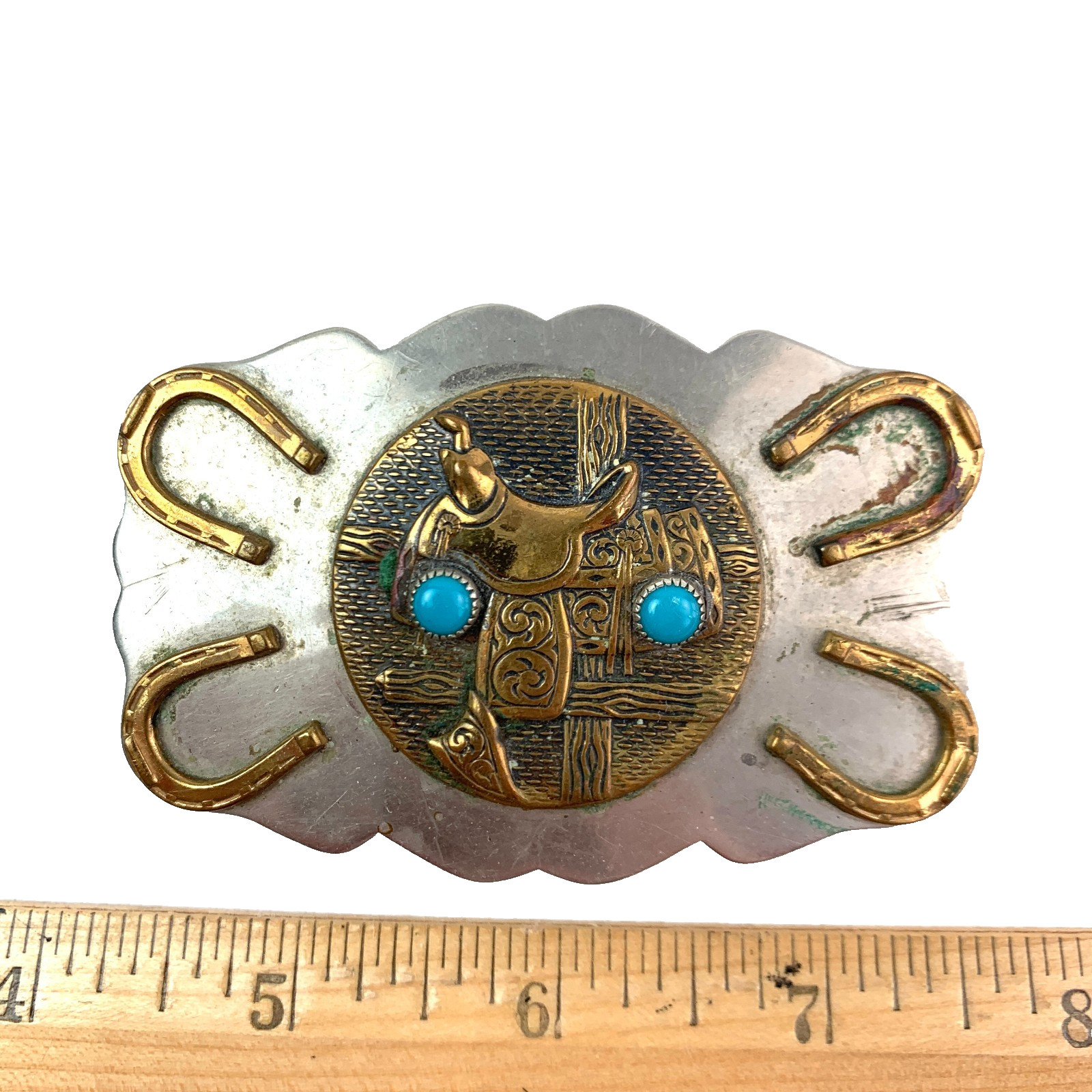 Vintage Nickel Silver Horseshoe Saddle Blue Gem Western Metal Belt Buckle