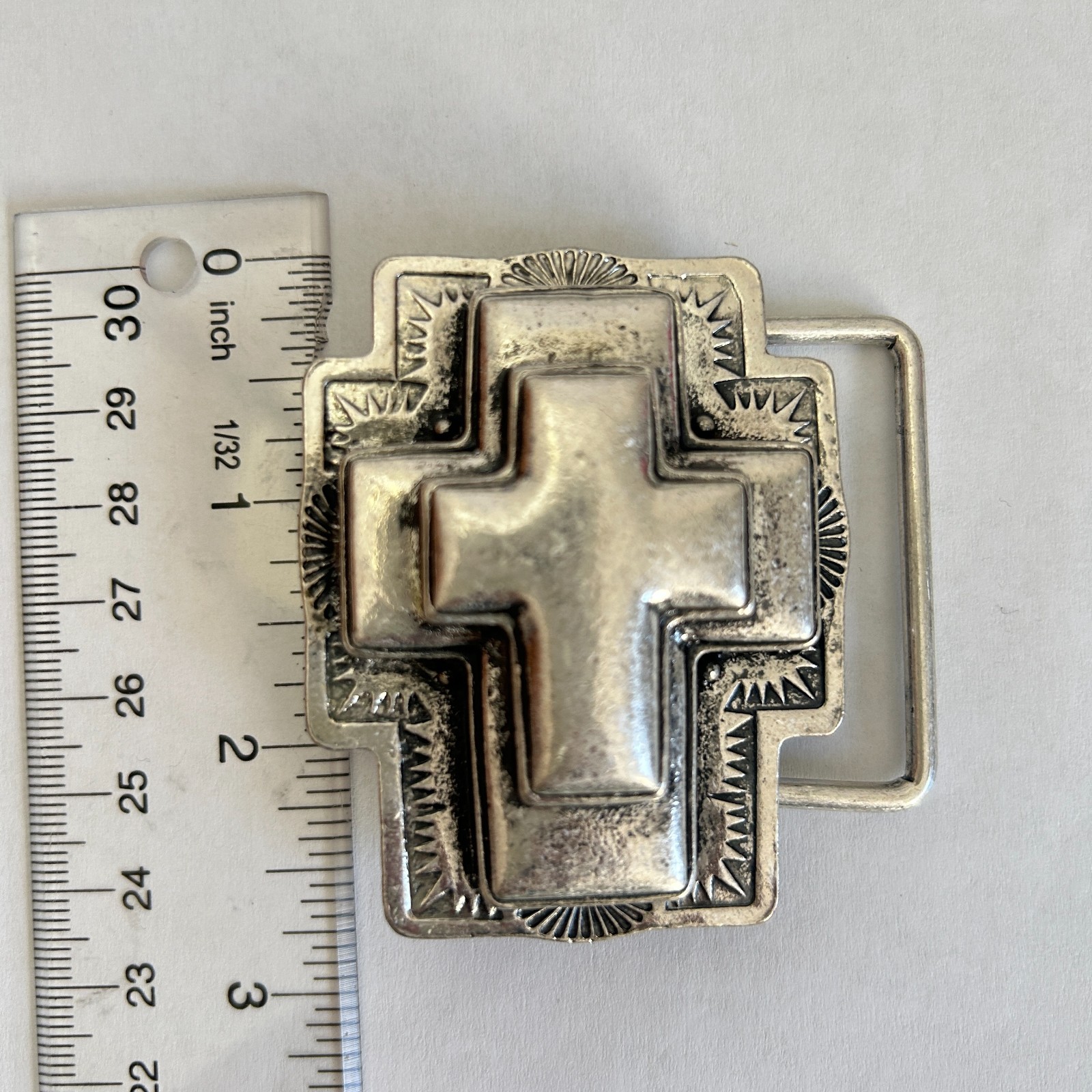 Cross Belt Buckle Ornate Christian Religious Gothic Silver metal western vintage