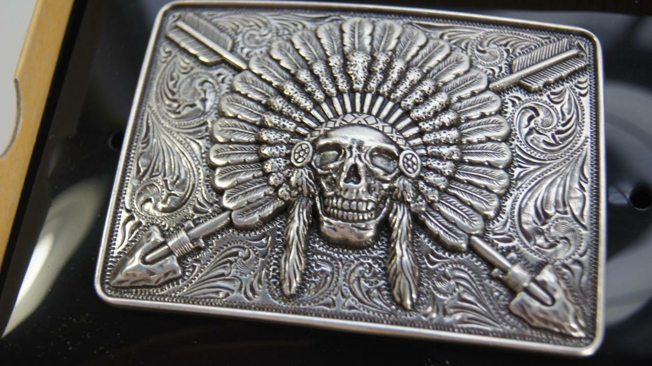 Ariat Western Mens Rectangle Belt Buckle Chief Skull Arrowheads Silver A37009