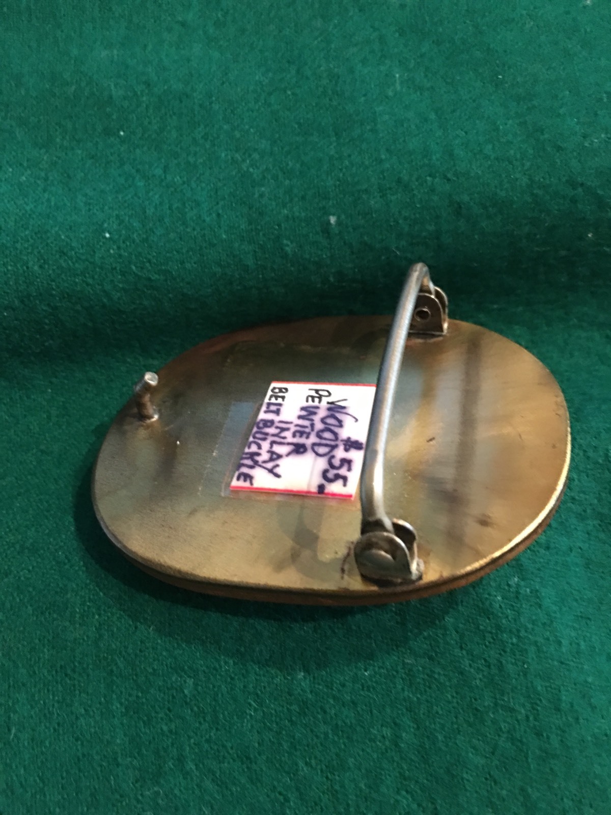 Belt buckle Hand carved wood and pewter inlay of a sailboat