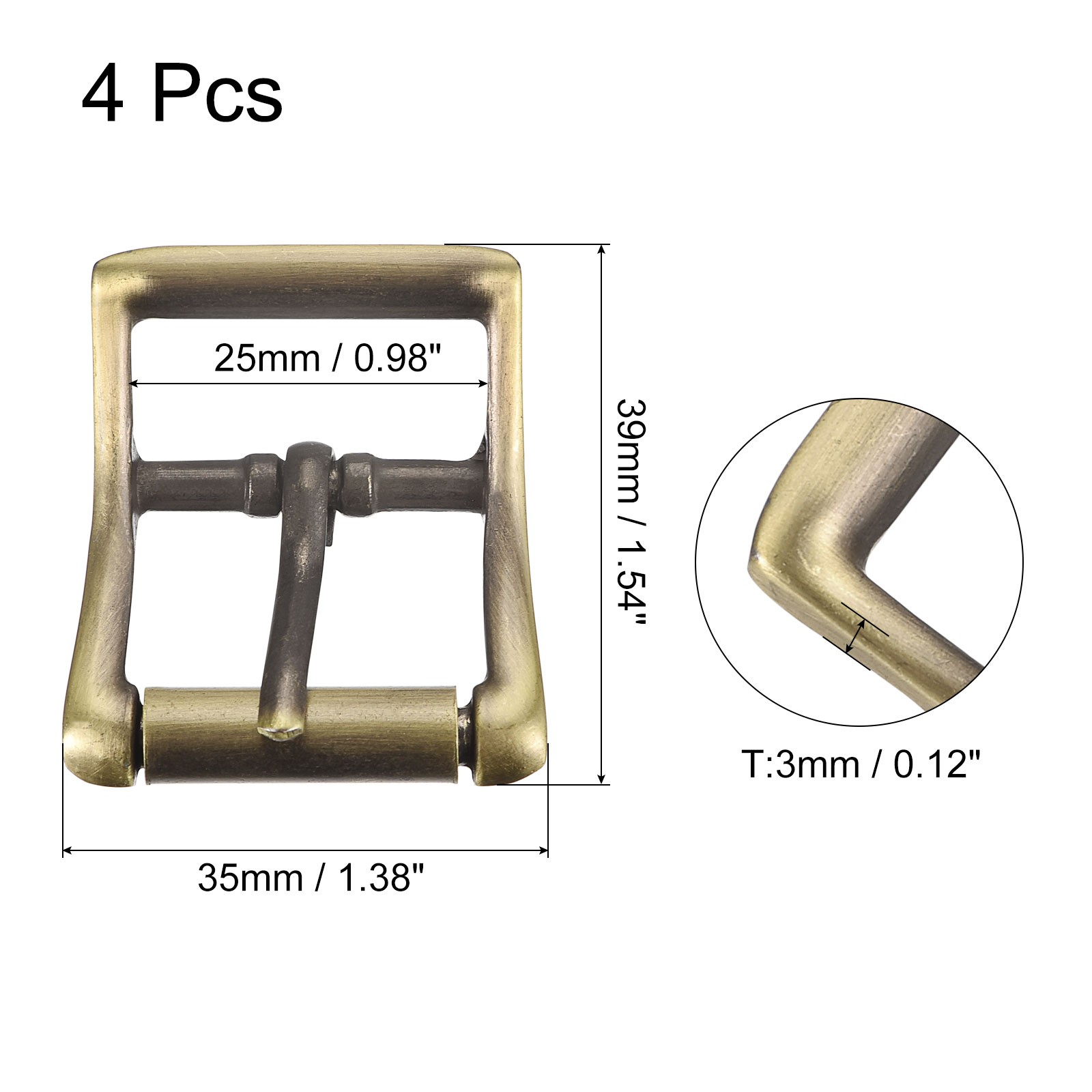 4Pcs 0.98&Prime; Single Prong Belt Buckle DIY Square Center Bar Buckle Bronze