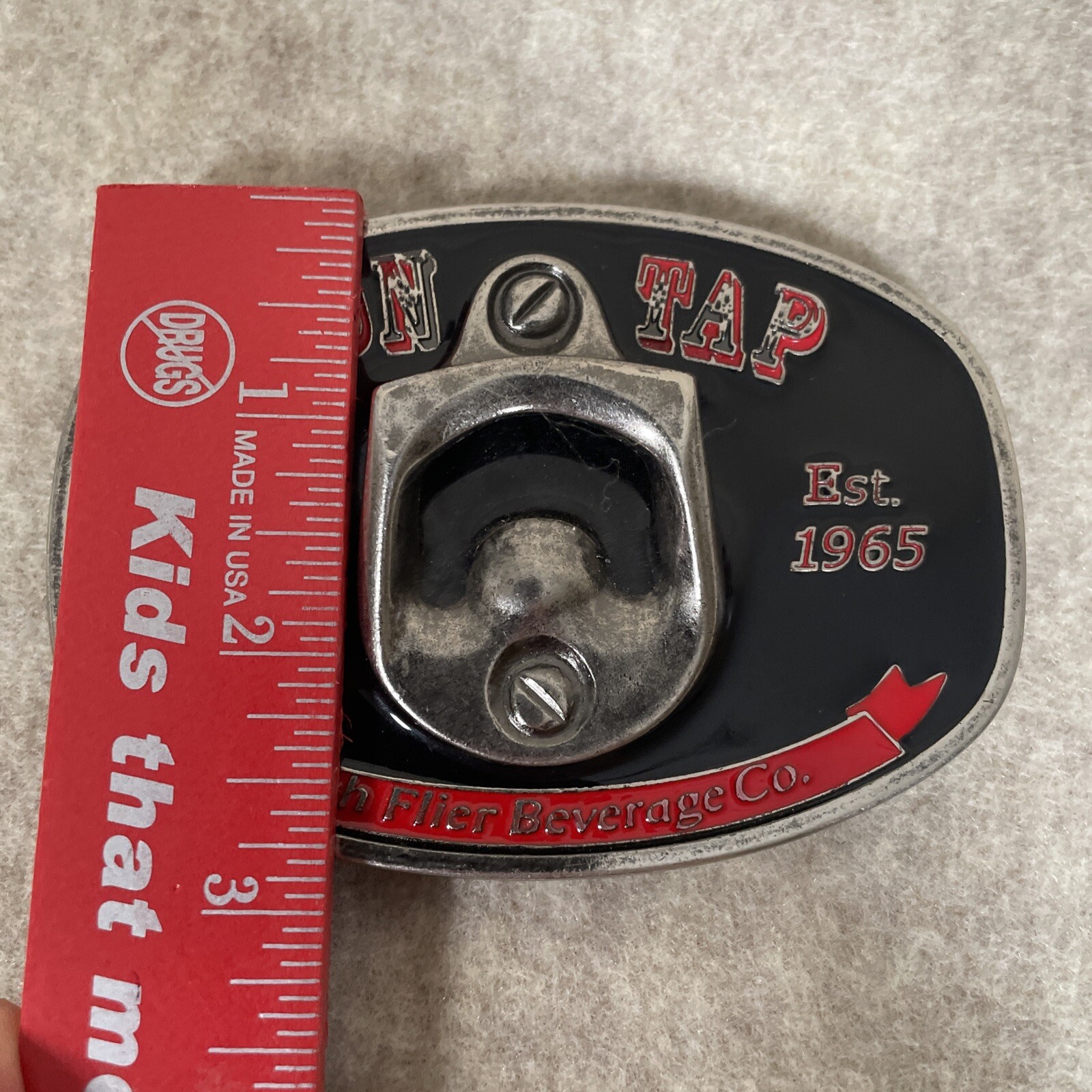 On Tap Belt Buckle Bottle Opener High Flier Beverage Black Red Silver