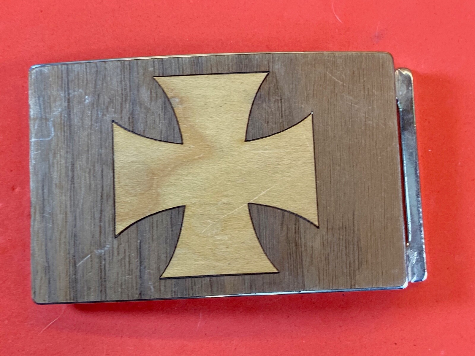 Mixed Wood Grain Inlaid Iron Cross Vintage Belt Buckle