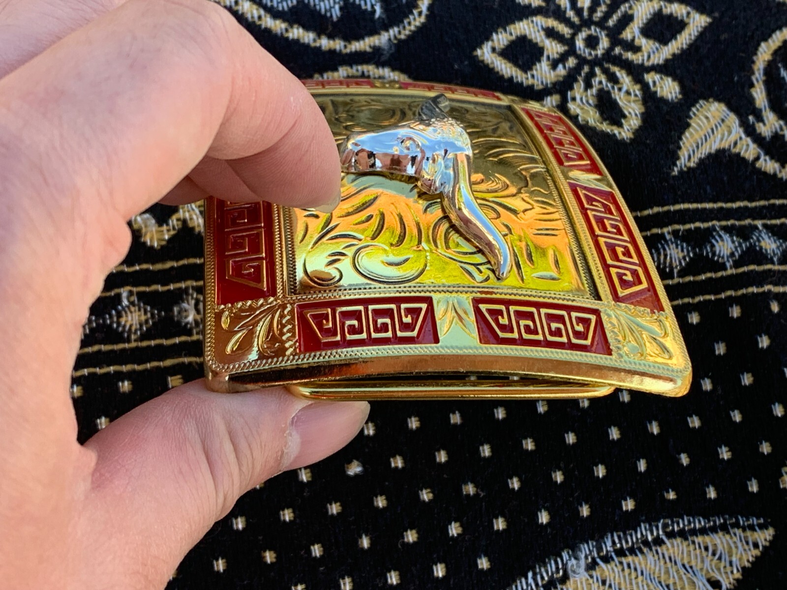 Western Buckle Gold Red Silver Longhorn Cowboy 2 »Buckle Hebilla Vaquero Toro