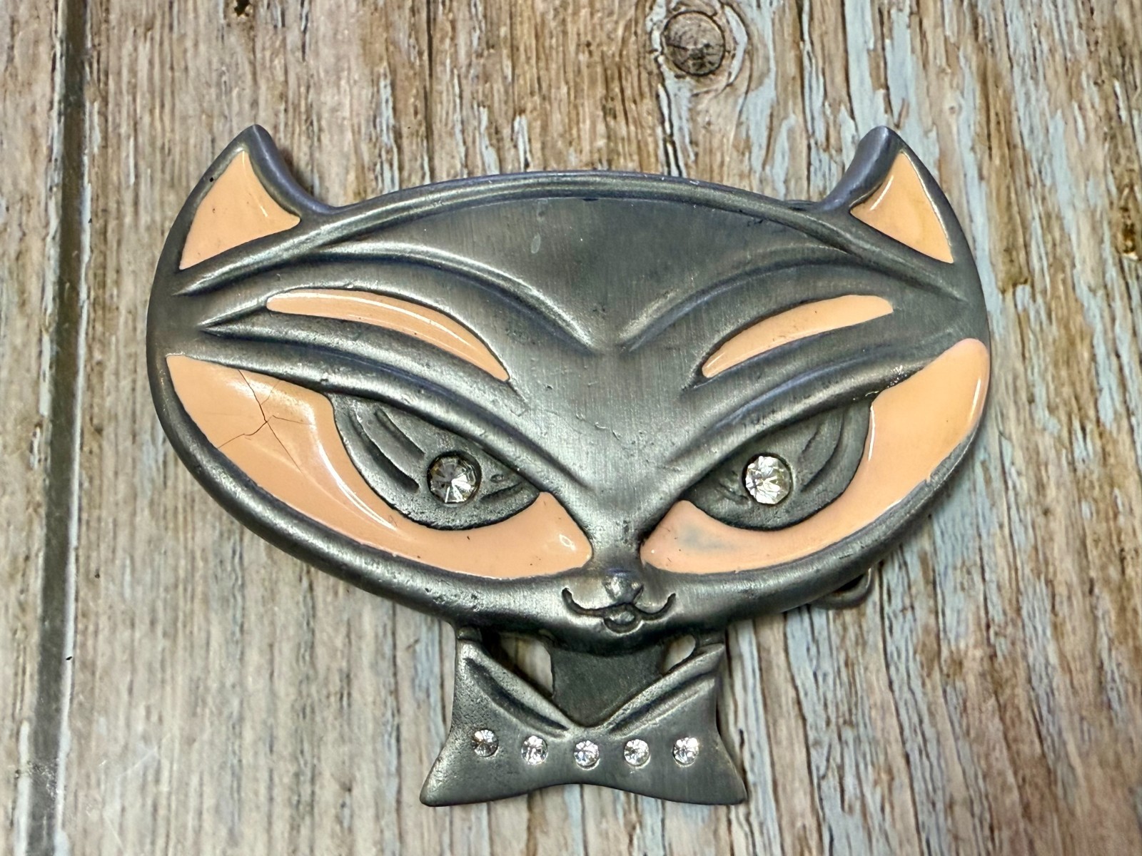 Cute Kitty Cat Head with Bowtie Clear Rhinestone Eye Belt Buckle by Heavy Metal