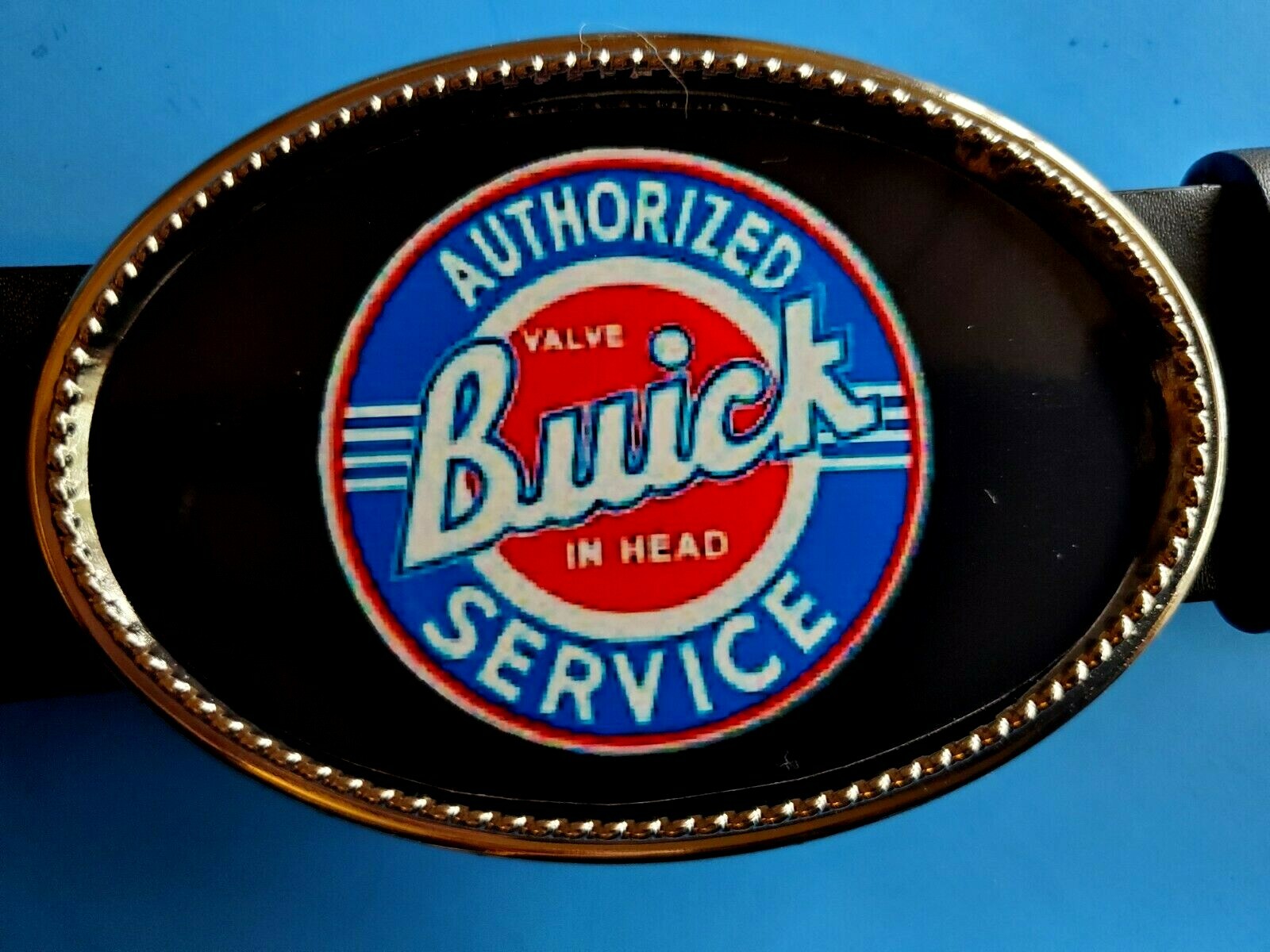 BUICK Vintage Service Sign Epoxy Buckle VTG Sign Epoxy Photo Buckle & Black Belt