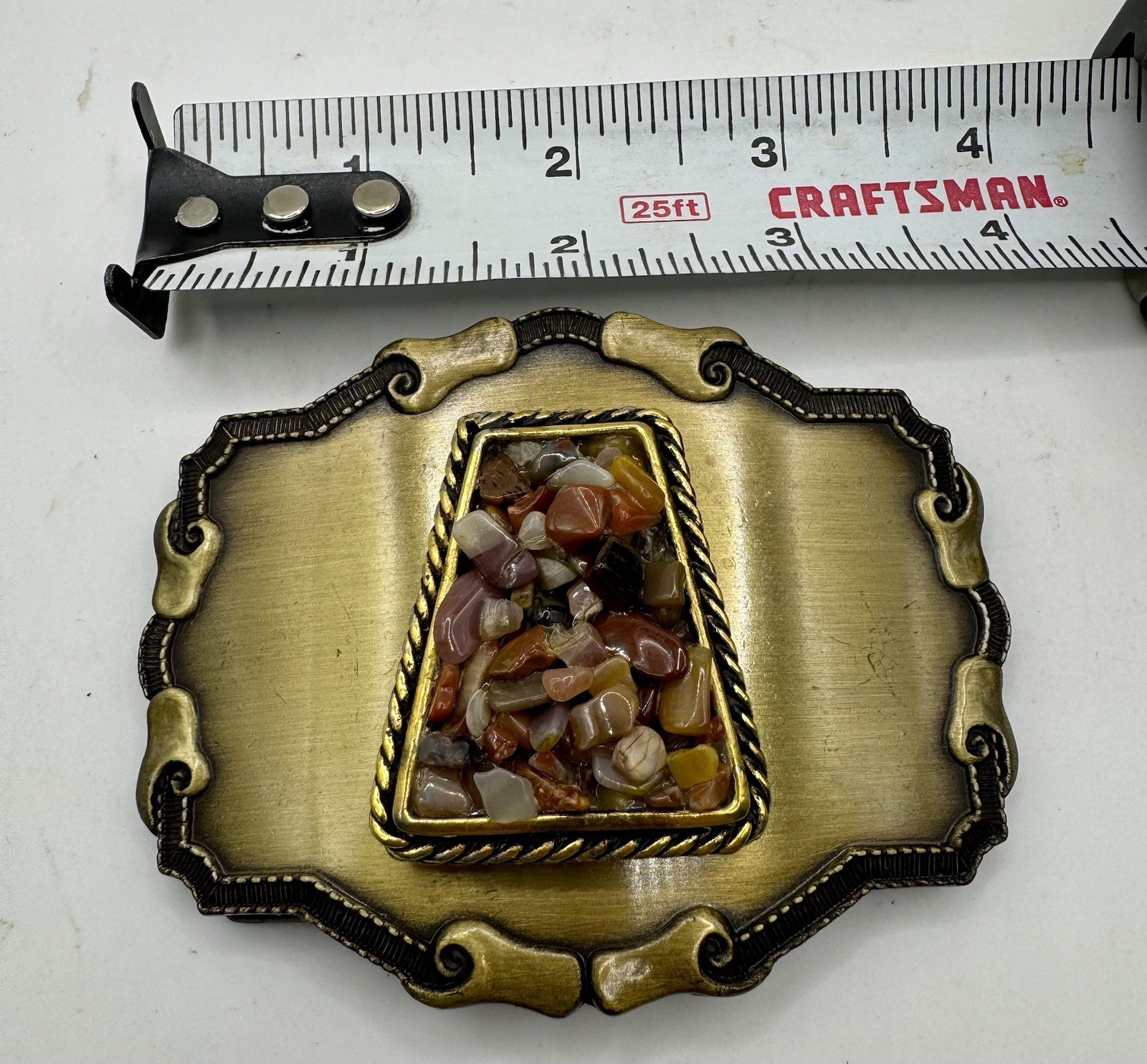 Vintage Raintree Belt Buckle Stone Inlay Western Agate Style Brass Tone